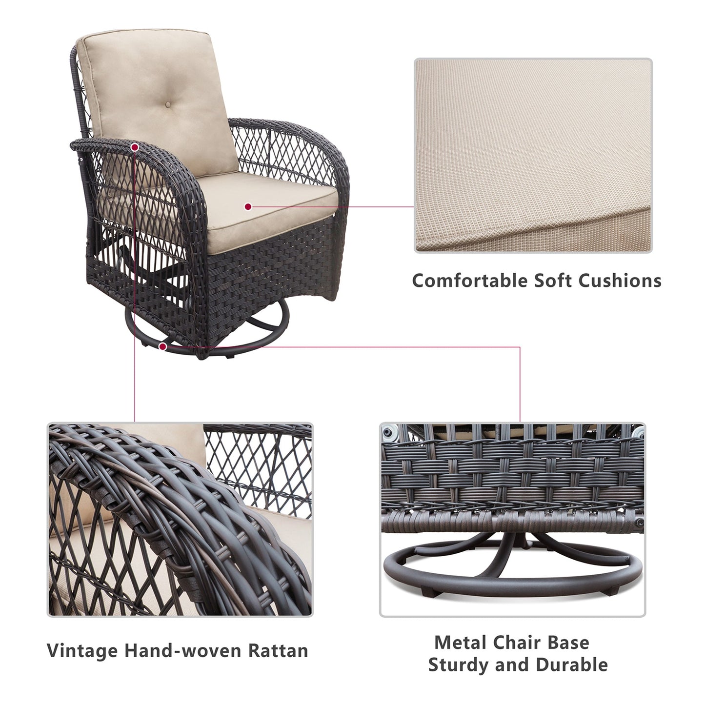 360-Degree Patio Wicker Swivel Rocker Chairs Set; Outdoor Rattan Rocking Bistro Sets With Cushions and Table
