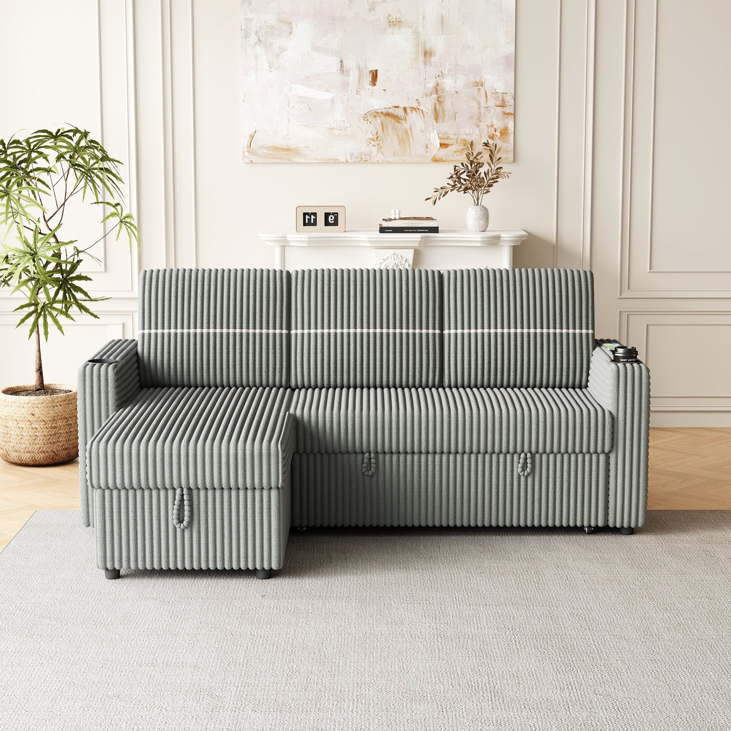 85 Inches Corduroy Sofa Bed, 3 Seater Sleeper Sofa With Storage Chaise, Square Handrail With Two Cup-Holder and USB Charger
