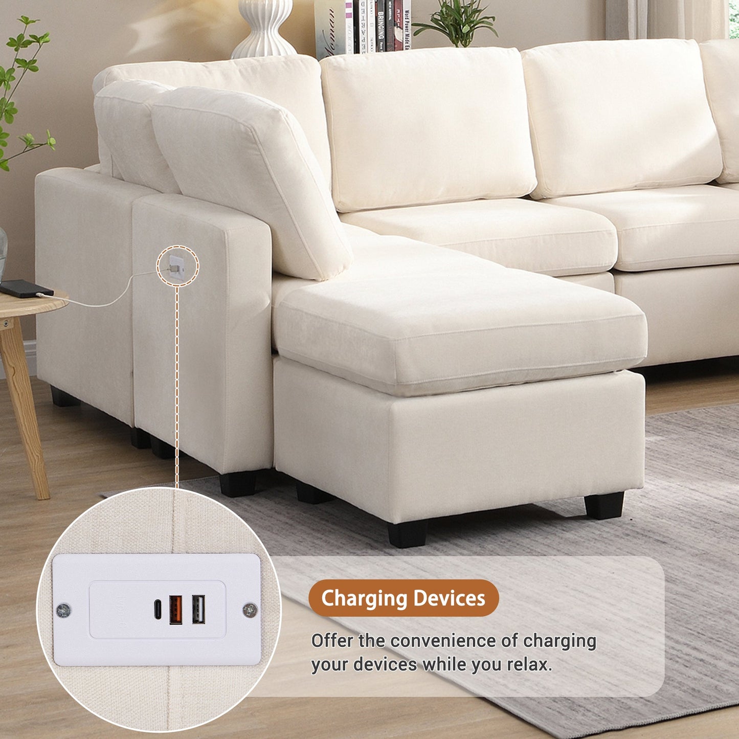 103" Sectional Sofa Couch Sofa Bed U-Shaped Sofa With Two Movable Ottoman and Three USB Ports for Living Room, Beige