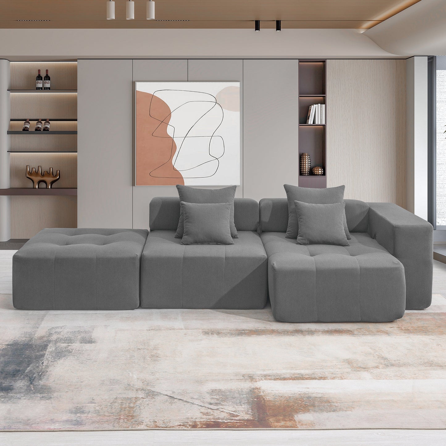 105.5''L Shaped Modular Sectional Sofa,Minimalist Corduroy Floor Couch Set,Convertible Foam-Filled Cloud Compressed Couch
