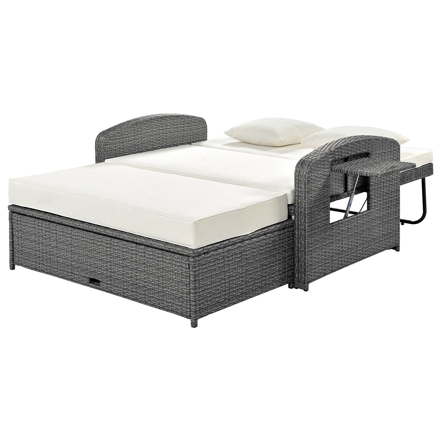 PE Wicker Rattan Double Chaise Lounge, 2-Person Reclining Daybed With Adjustable Back and Cushions