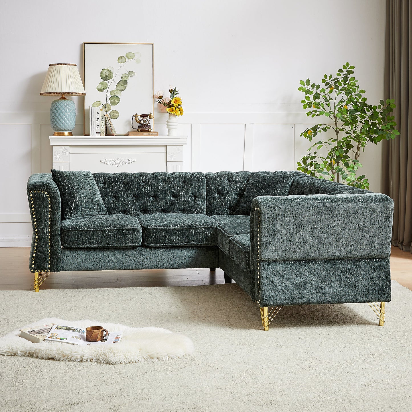 81.5-Inch Chenille Corner Sofa , L-Shaped Sectional Couch, 5-Seater Corner Sofas With 3 Cushions for Living Room, Bedroom
