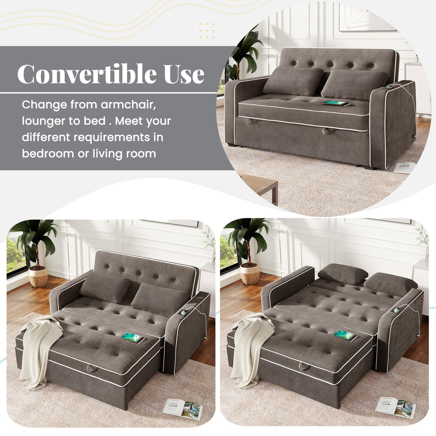 65.7" Linen Upholstered Sleeper Bed , Pull Out Sofa Bed Couch Attached Two Throw Pillows,Dual USB Charging Port
