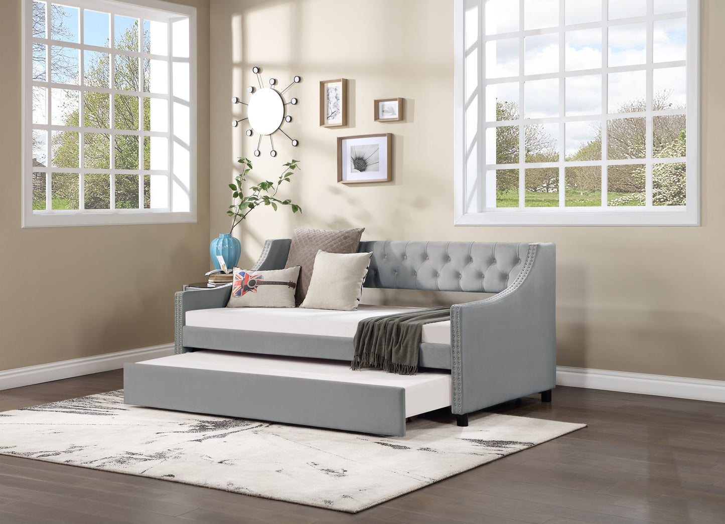 Daybed With Trundle Upholstered Tufted Sofa Bed, With Button and Copper Nail on Arms,full Size Grey