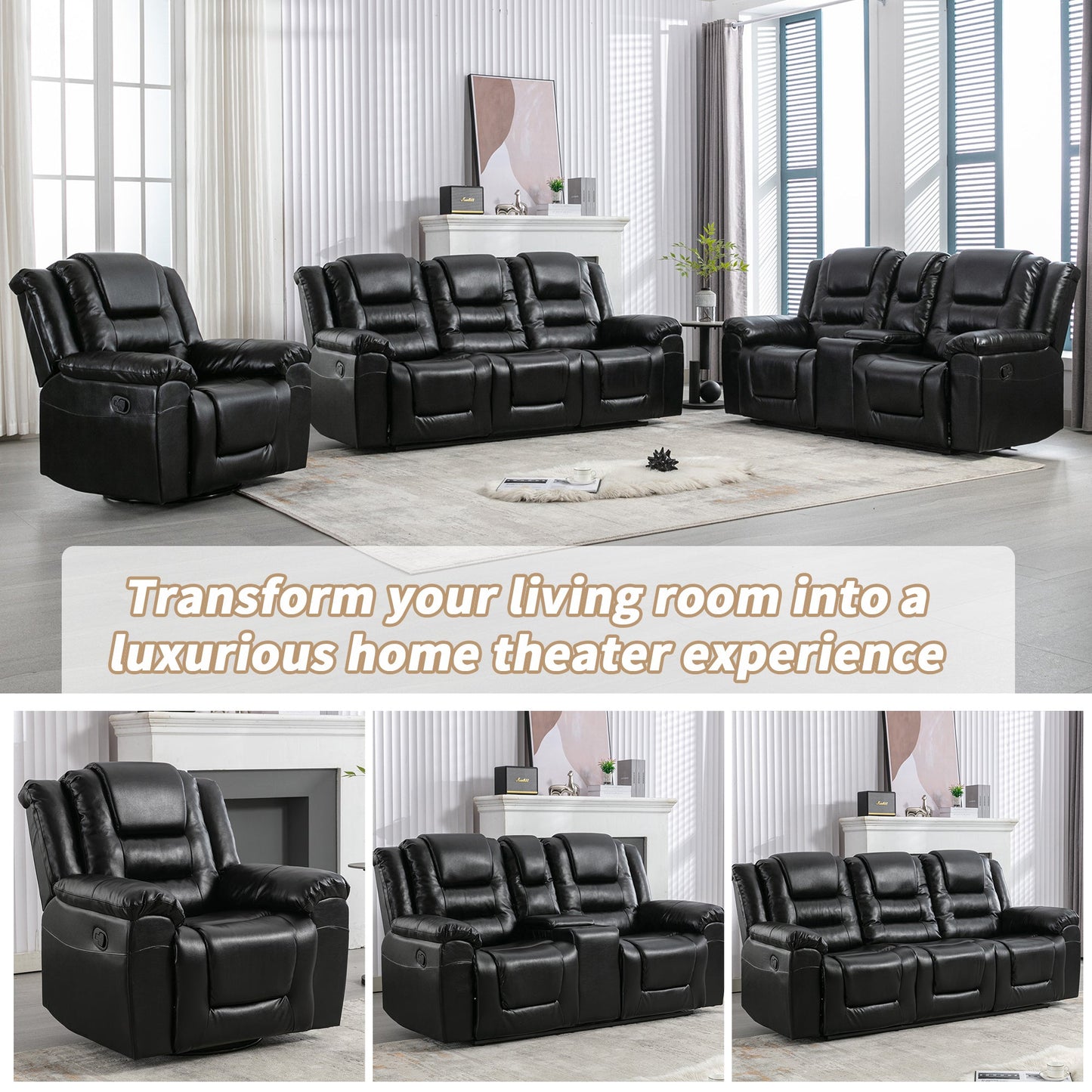 2 Seater Home Theater Recliner Manual Recliner Chair With a Storage Box and Two Cup Holders for Living Room,Bedroom, Black