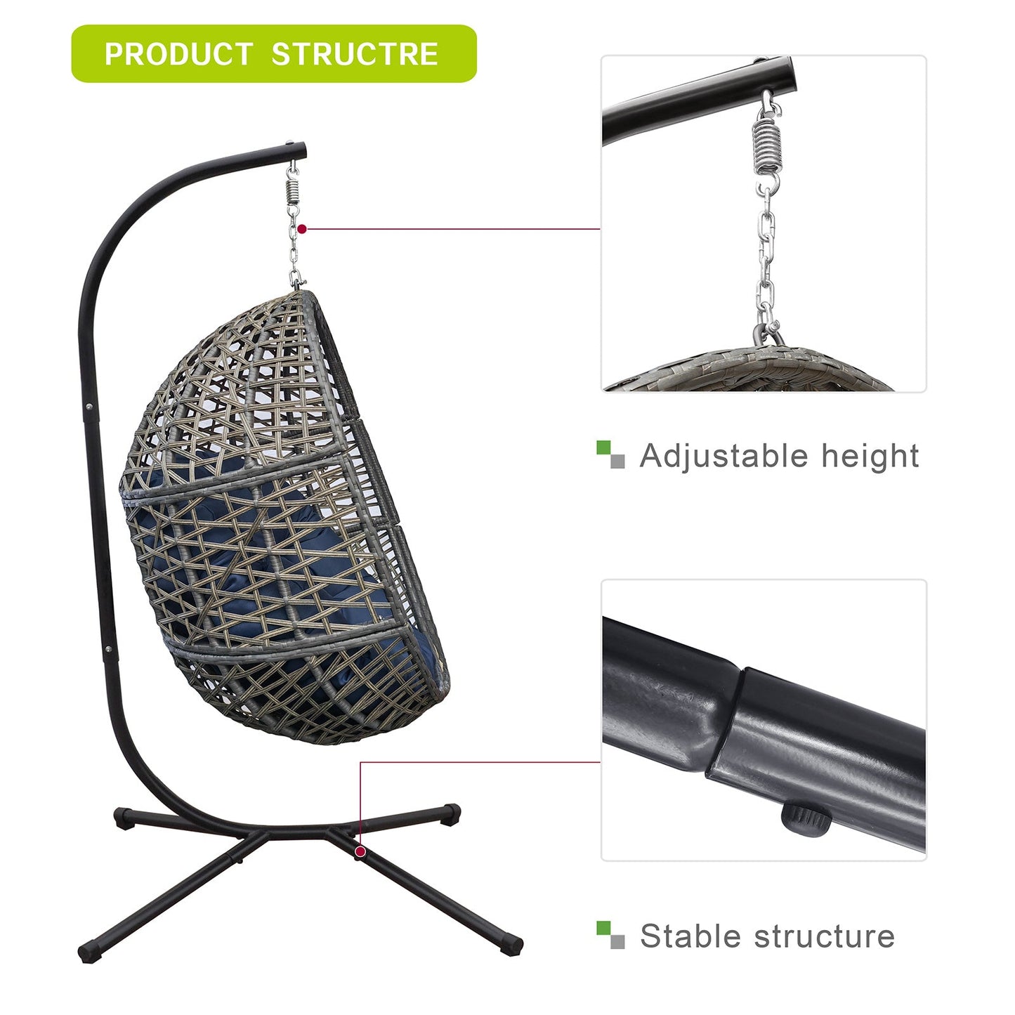 Wicker Hanging Swing Chair; Rattan Hanging Egg Chair With Durable Stand and Waterproof Cushion for Outdoor Garden