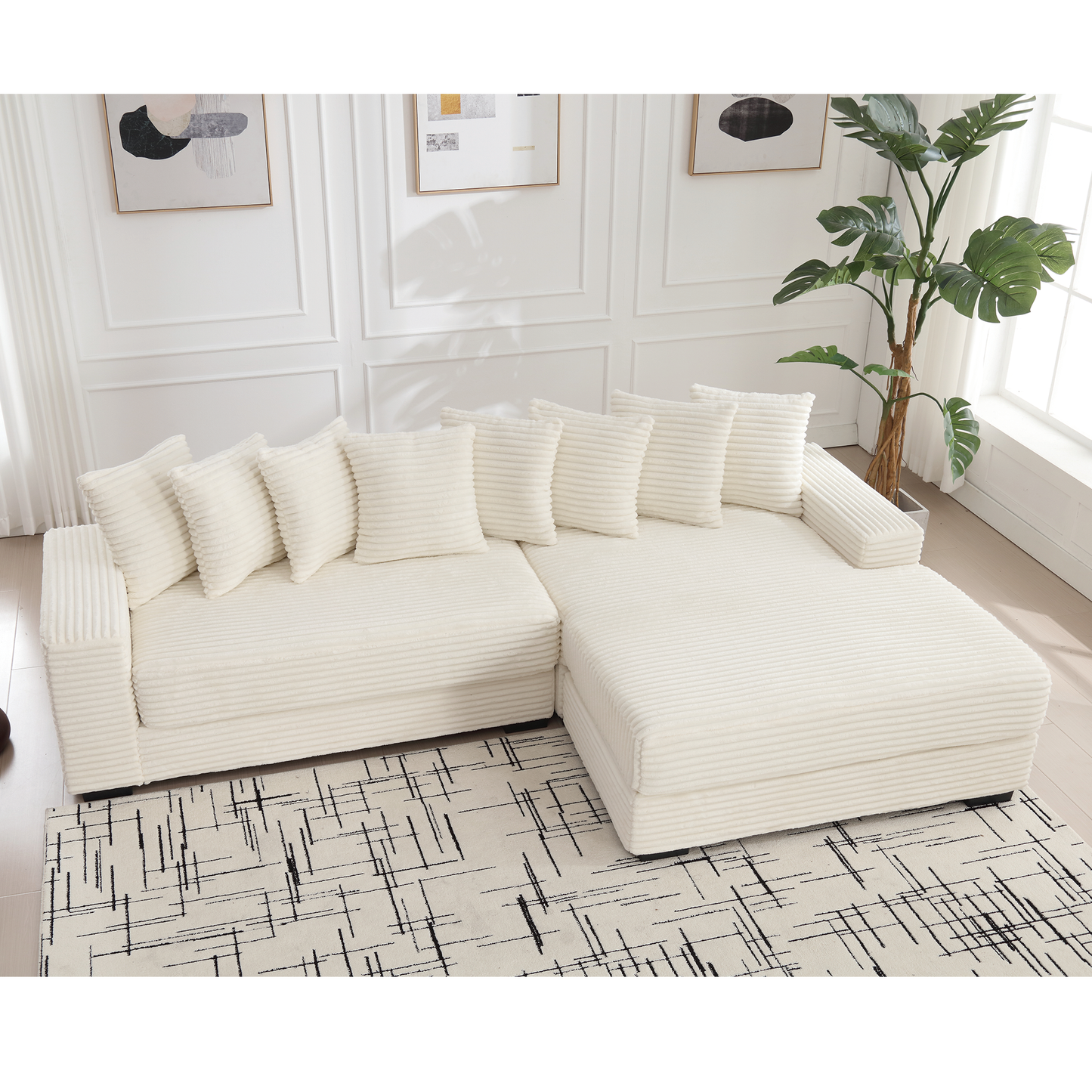 Oversized Two-Piece Couches, L Shaped Sofa, Corduroy, Right Chaise Daybed,with Armrests,Eight Throw Pillows,Corner Sofa