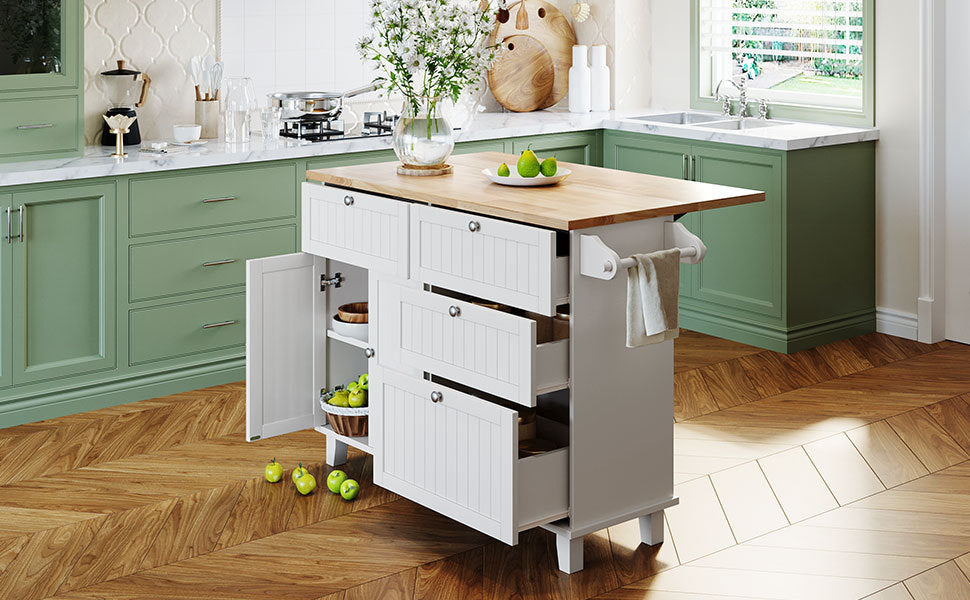 Farmhouse Kitchen Island Set With Drop Leaf and 2 Seatings,Dining Table Set With Storage Cabinet, Drawers and Towel Rack