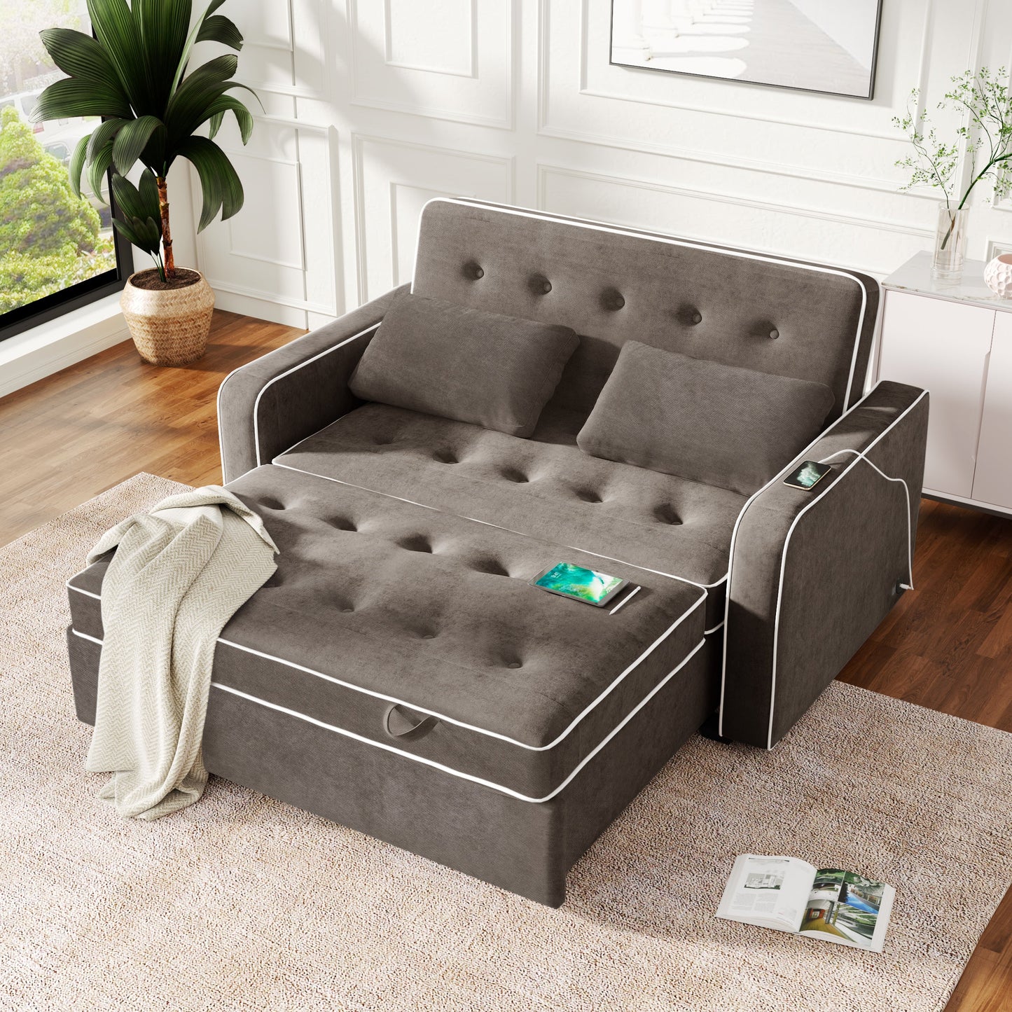 65.7" Linen Upholstered Sleeper Bed , Pull Out Sofa Bed Couch Attached Two Throw Pillows,Dual USB Charging Port