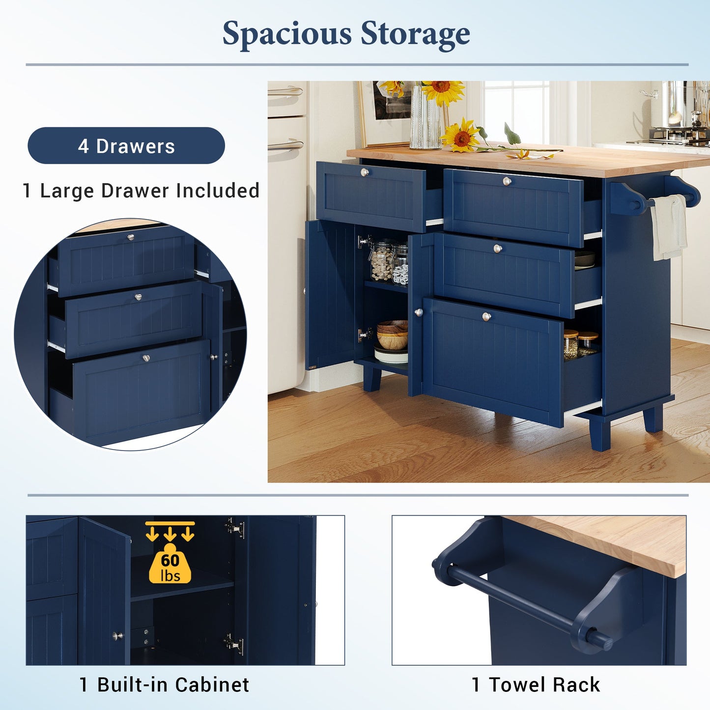 Farmhouse Kitchen Island Set With Drop Leaf and 2 Seatings,Dining Table Set With Storage Cabinet, Drawers and Towel Rack
