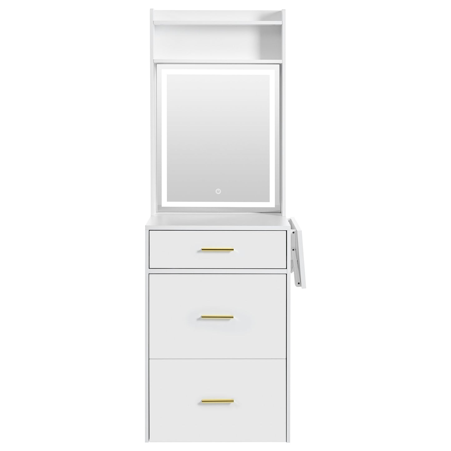 Small Vanity Desk With Mirror and Light, Dressing Table With Charging Station & Fold-Up Panel for Small Space, Compact
