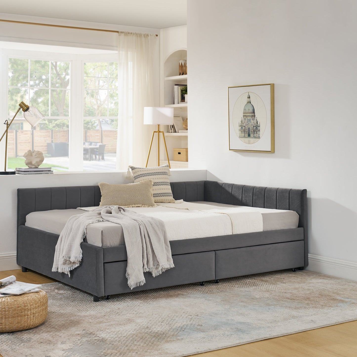 Full Size Upholstered Tufted Bed Frame With Two Drawers, Sofa Bed Frame With Comfortable Backrest and Armrests, Velvet