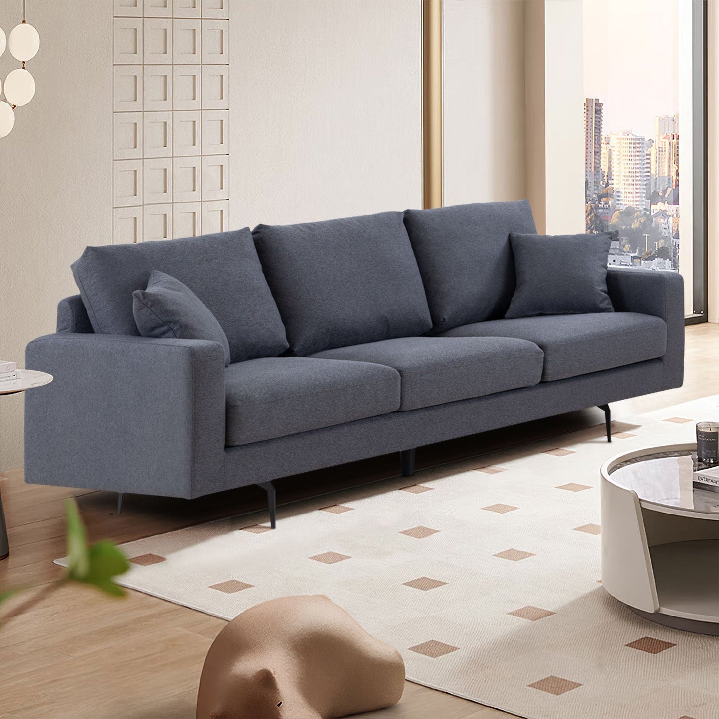 Modern Grey Three-Seat Sofa With Thick Sponge and Two Pillows, 87.40inch