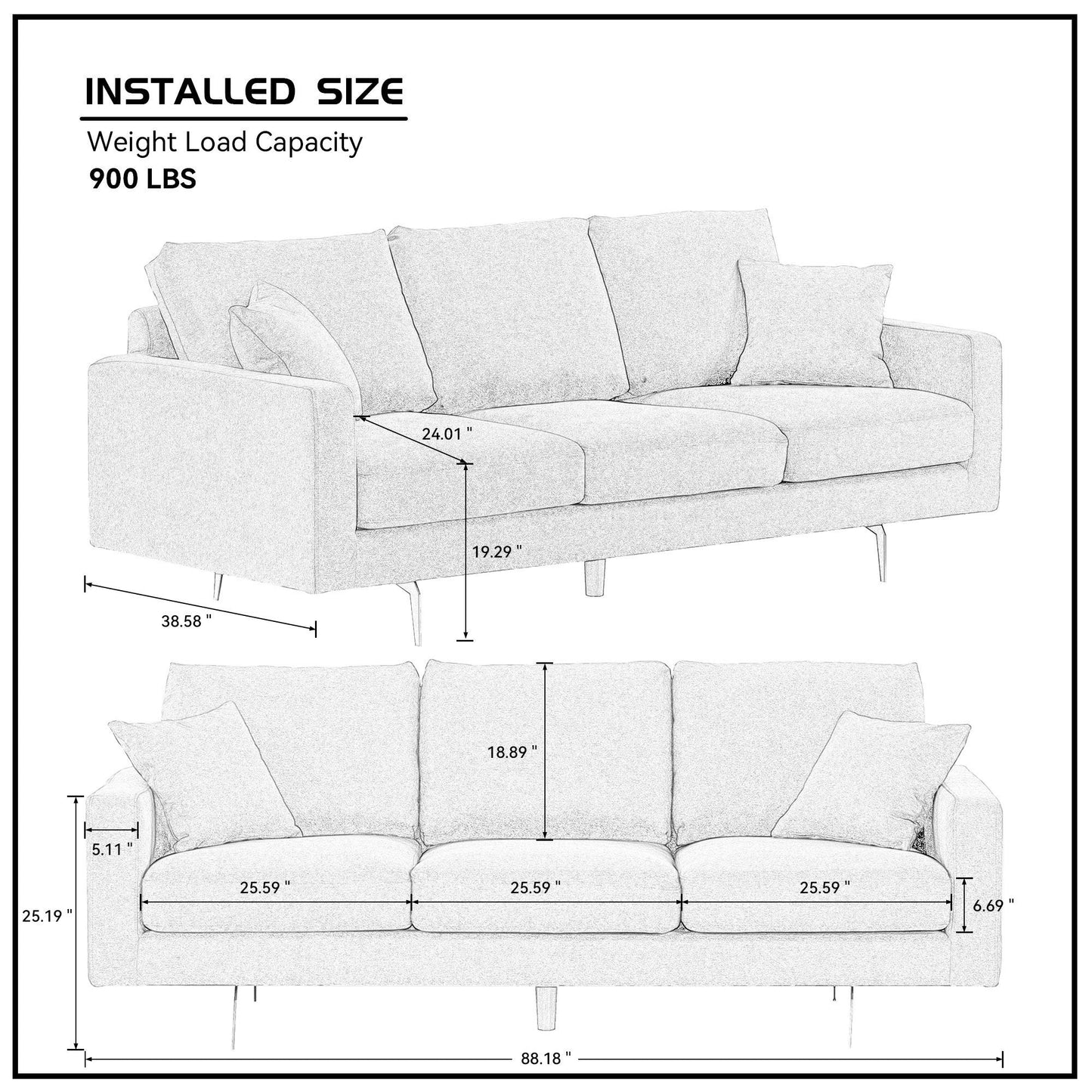 Modern Grey Three-Seat Sofa With Thick Sponge and Two Pillows, 87.40inch