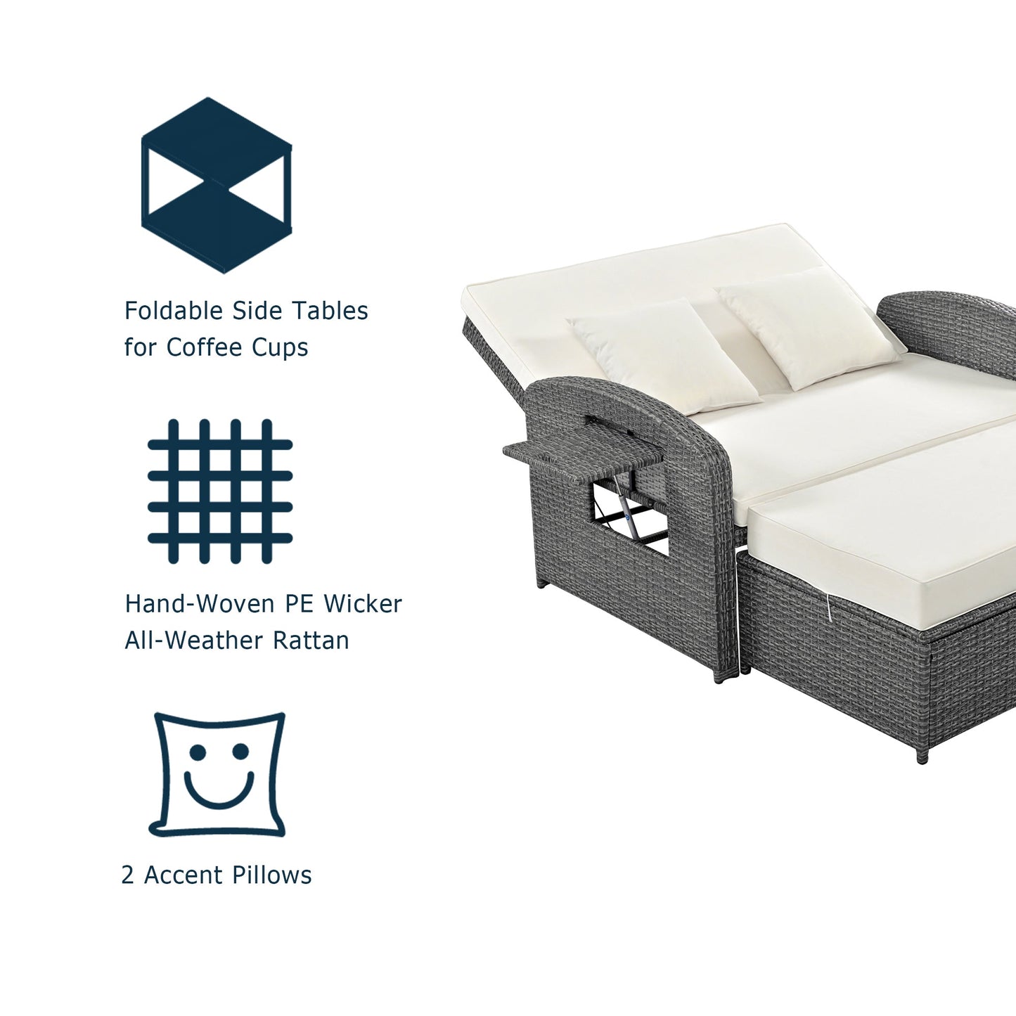 PE Wicker Rattan Double Chaise Lounge, 2-Person Reclining Daybed With Adjustable Back and Cushions