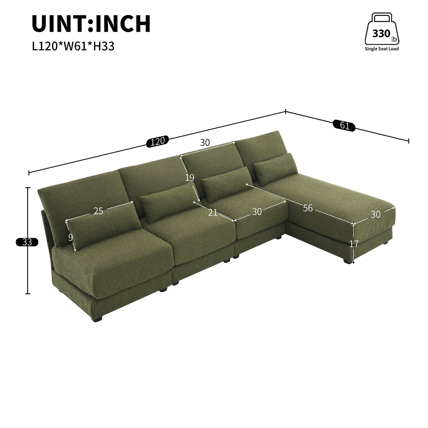 120*61" Oversized Deep Seat Sectional Sofa With Reversible Chaise,Loop Yarn Fabric 5-Seat Armless Indoor Furniture