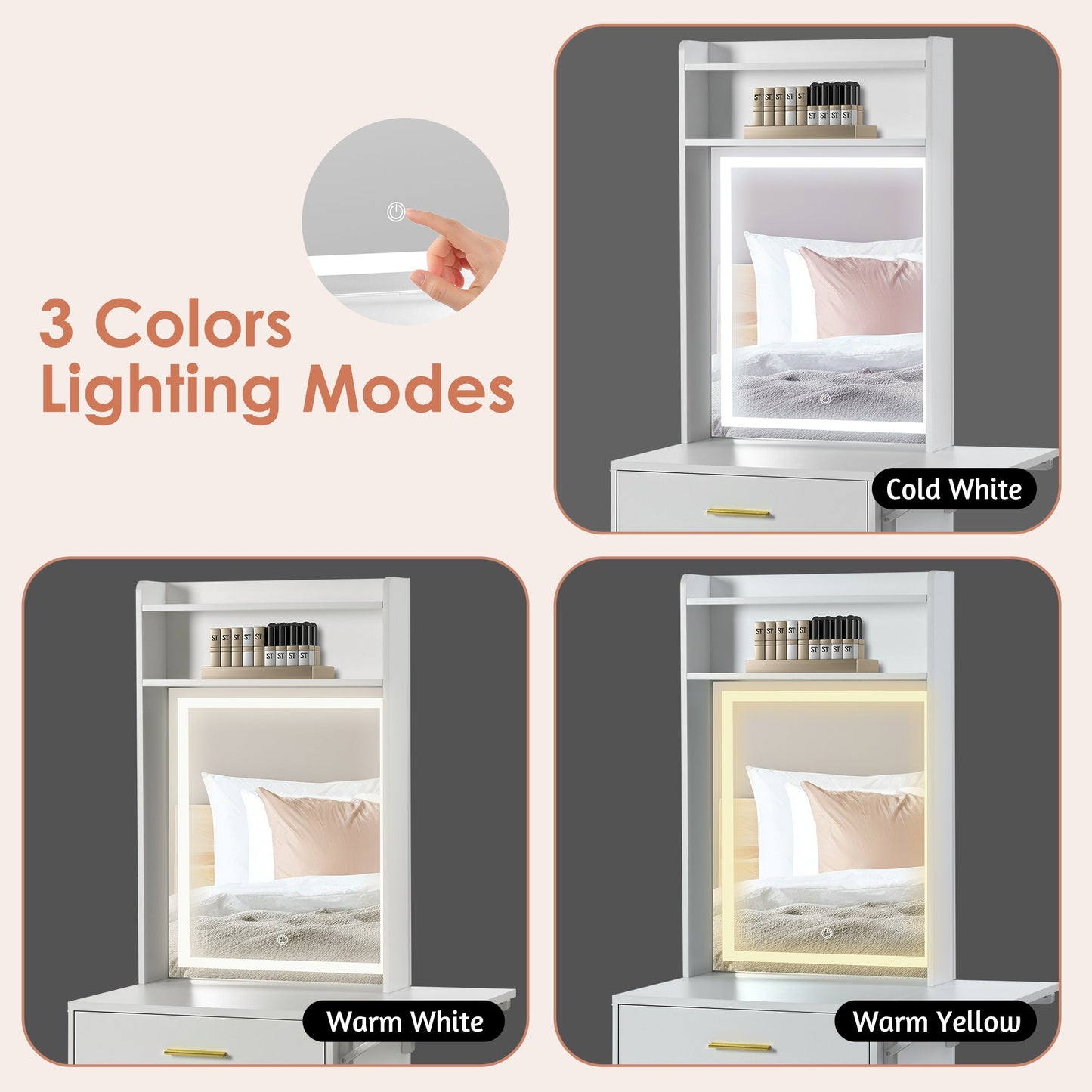 Small Vanity Desk With Mirror and Light, Dressing Table With Charging Station & Fold-Up Panel for Small Space, Compact