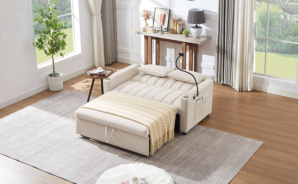55.9" Convertible Sofa Bed Loveseat Sofa With Three USB Ports, Two Side Pockets, Two Cup Holders