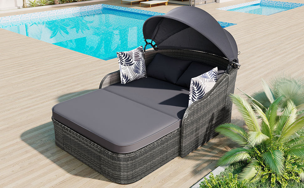 79.9" Outdoor Sunbed With Adjustable Canopy, Double Lounge, PE Rattan Daybed, Gray Wicker and Cushion