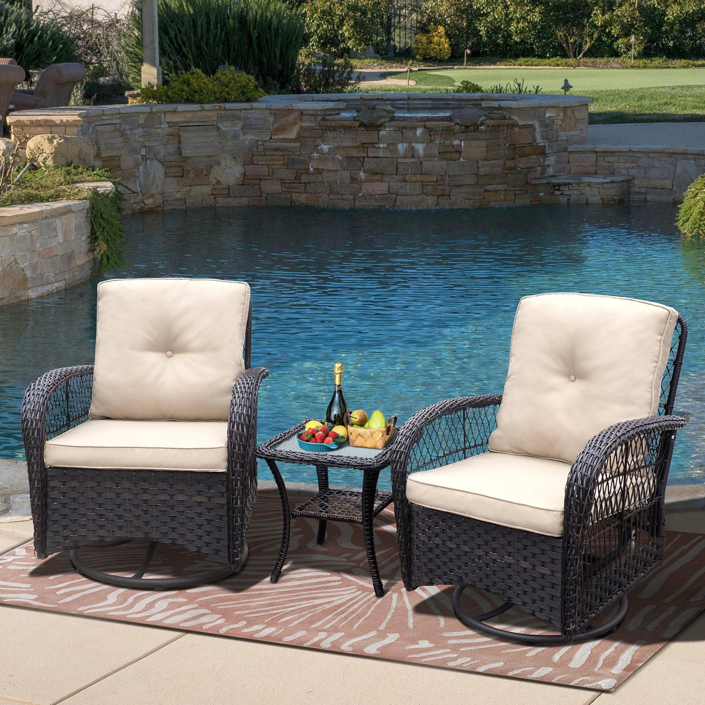 360-Degree Patio Wicker Swivel Rocker Chairs Set; Outdoor Rattan Rocking Bistro Sets With Cushions and Table