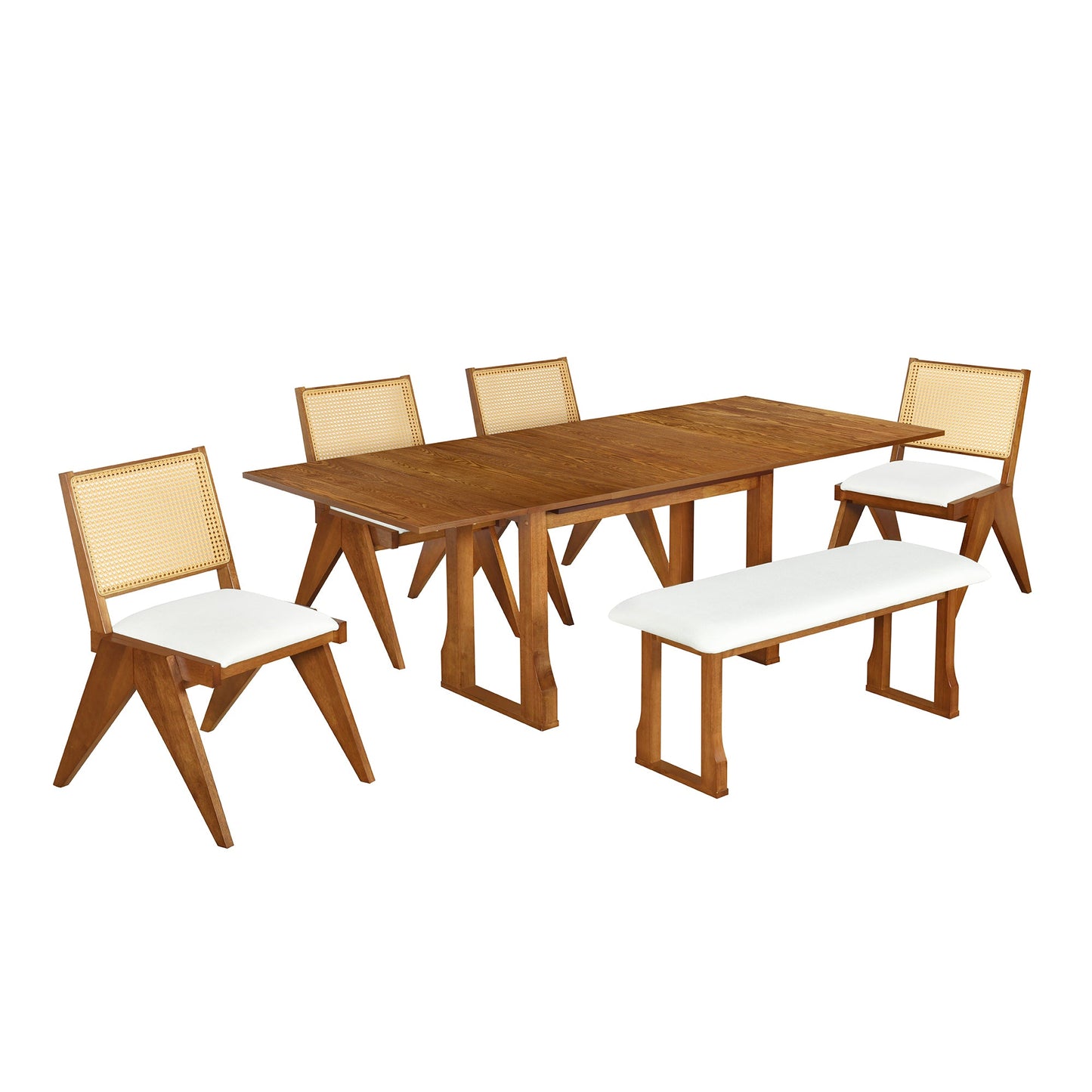 Modern 6-Piece 82.7inch Extendable Dining Table Set With 4 Wicker Back Upholstered Dining Chairs and Long Bench