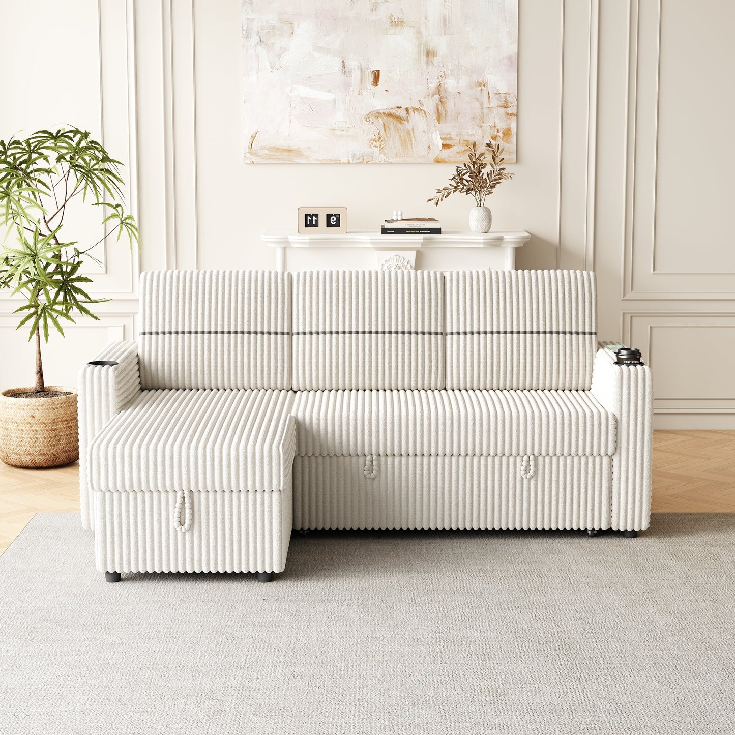 85 Inches Corduroy Sofa Bed, 3 Seater Sleeper Sofa With Storage Chaise, Square Handrail With Two Cup-Holder and USB Charger