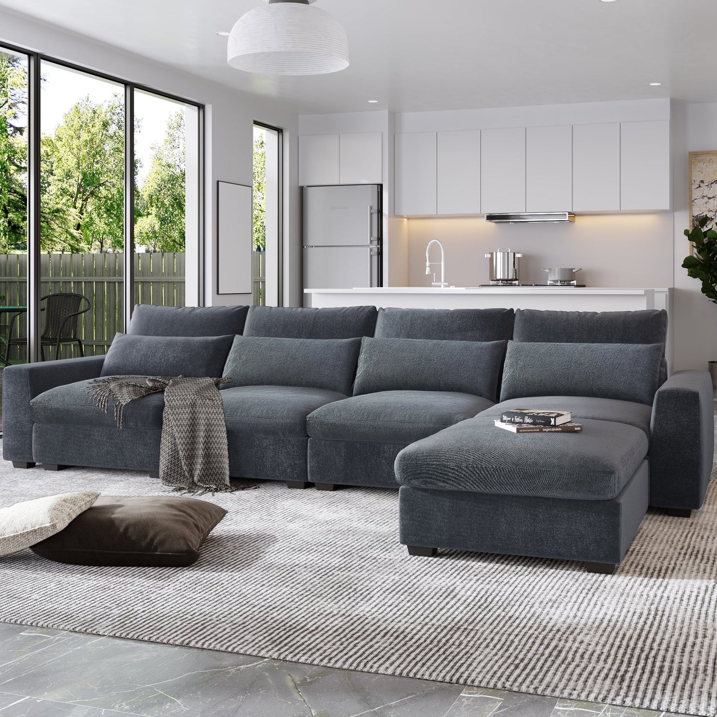 Modern Large L-Shape Feather Filled Sectional Sofa, Convertible Sofa Couch