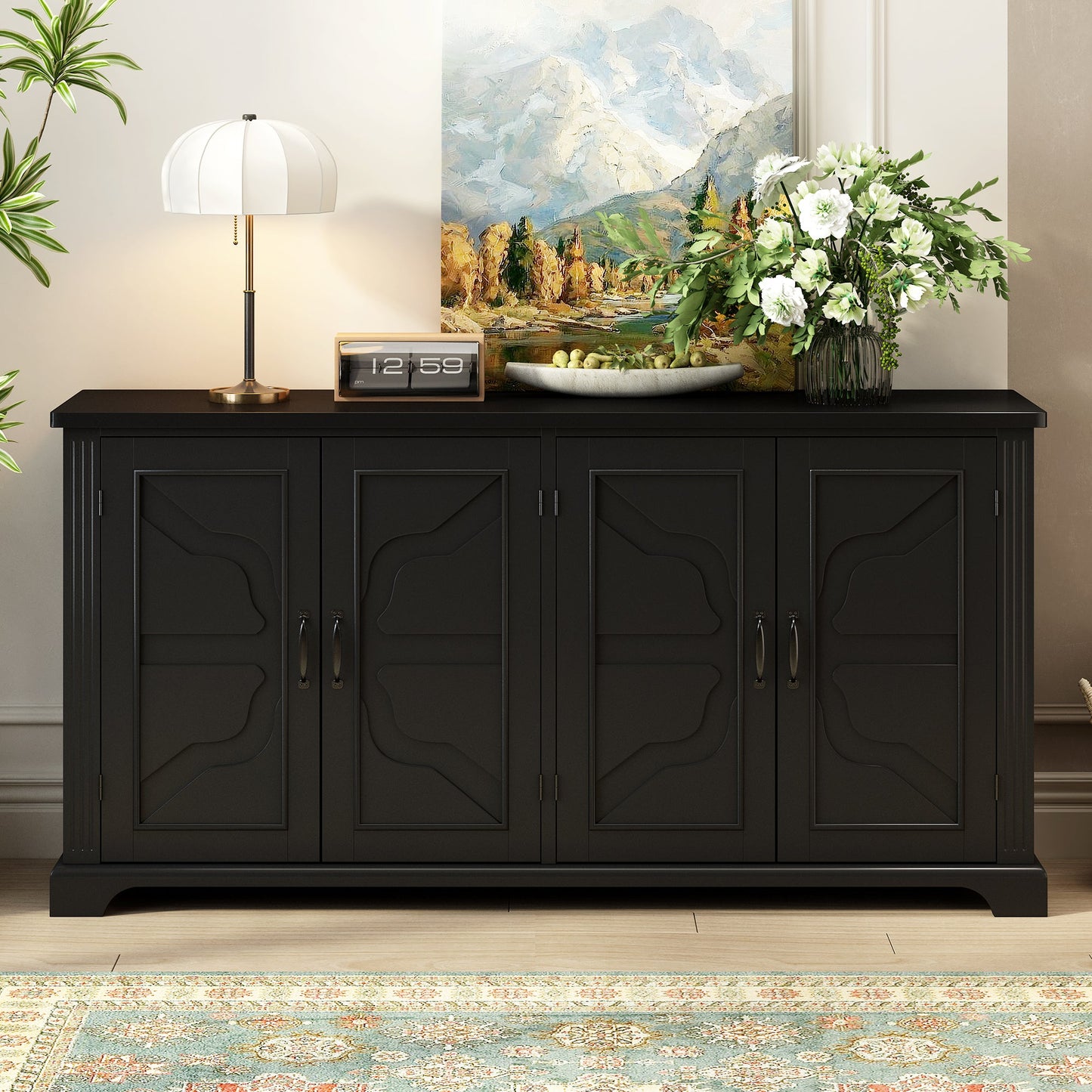 U_STYLE American Country Style Wooden Sideboard With Pine Doors and Legs, 4 Metal Handles, for Hallway Entryway Living R