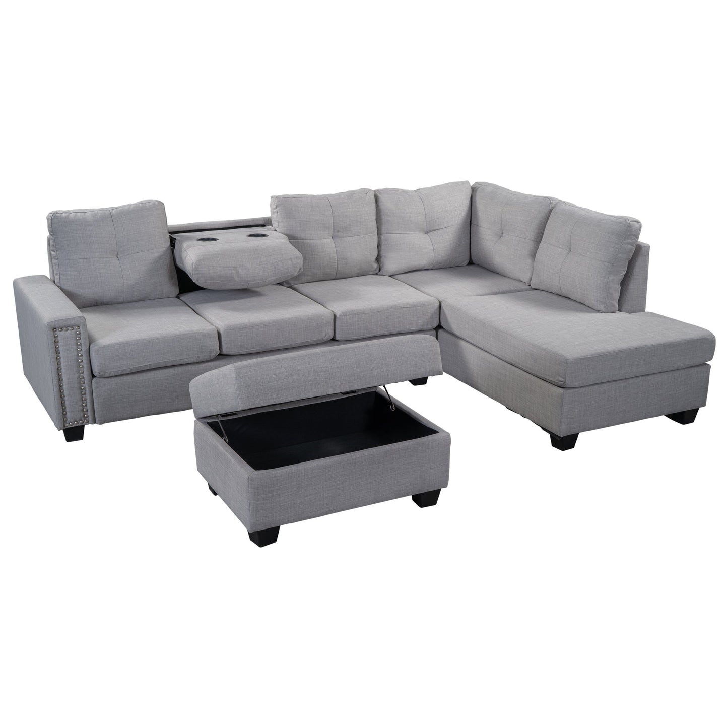 Reversible Sectional Sofa Space Saving With Storage Ottoman Rivet Ornament