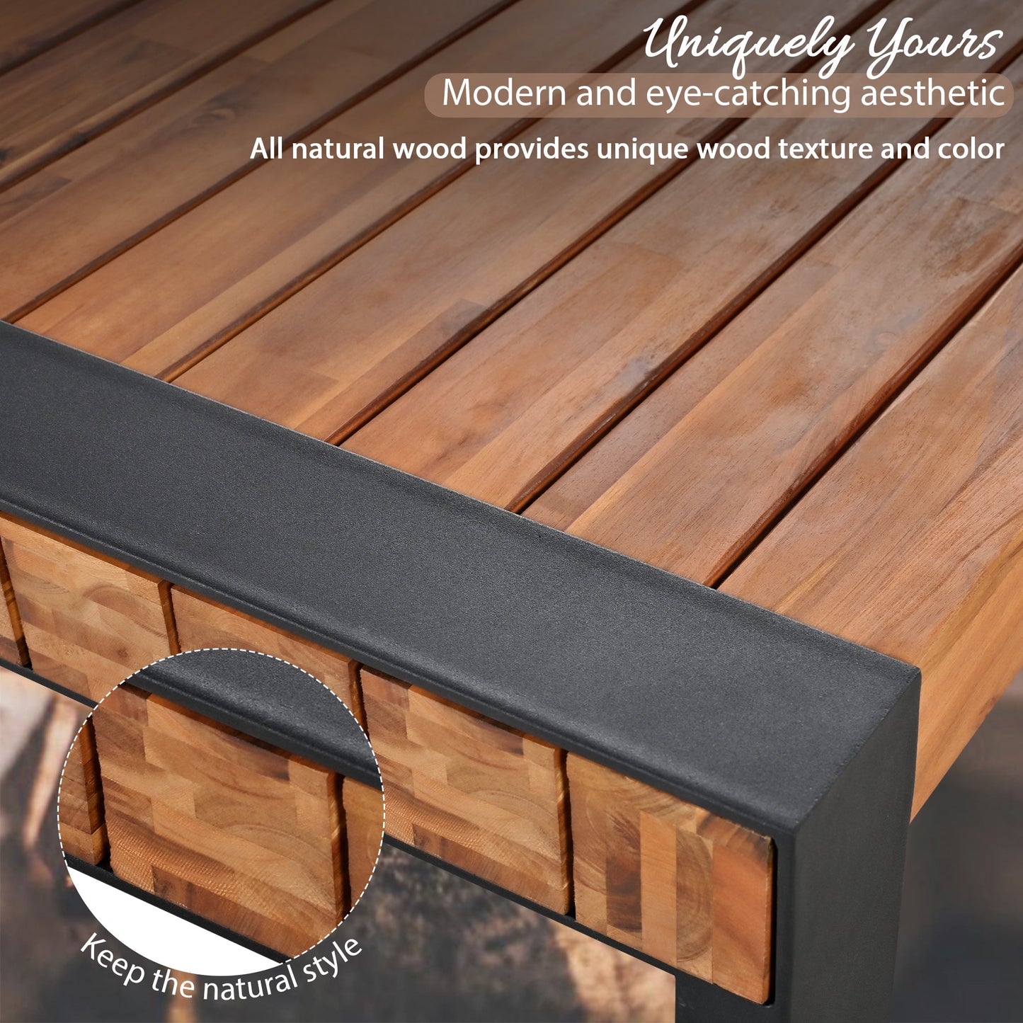 3-Pieces Outdoor Dining Table With 2 Benches, Patio Dining Set With Unique Top Texture, Acacia Wood Top & Steel Frame