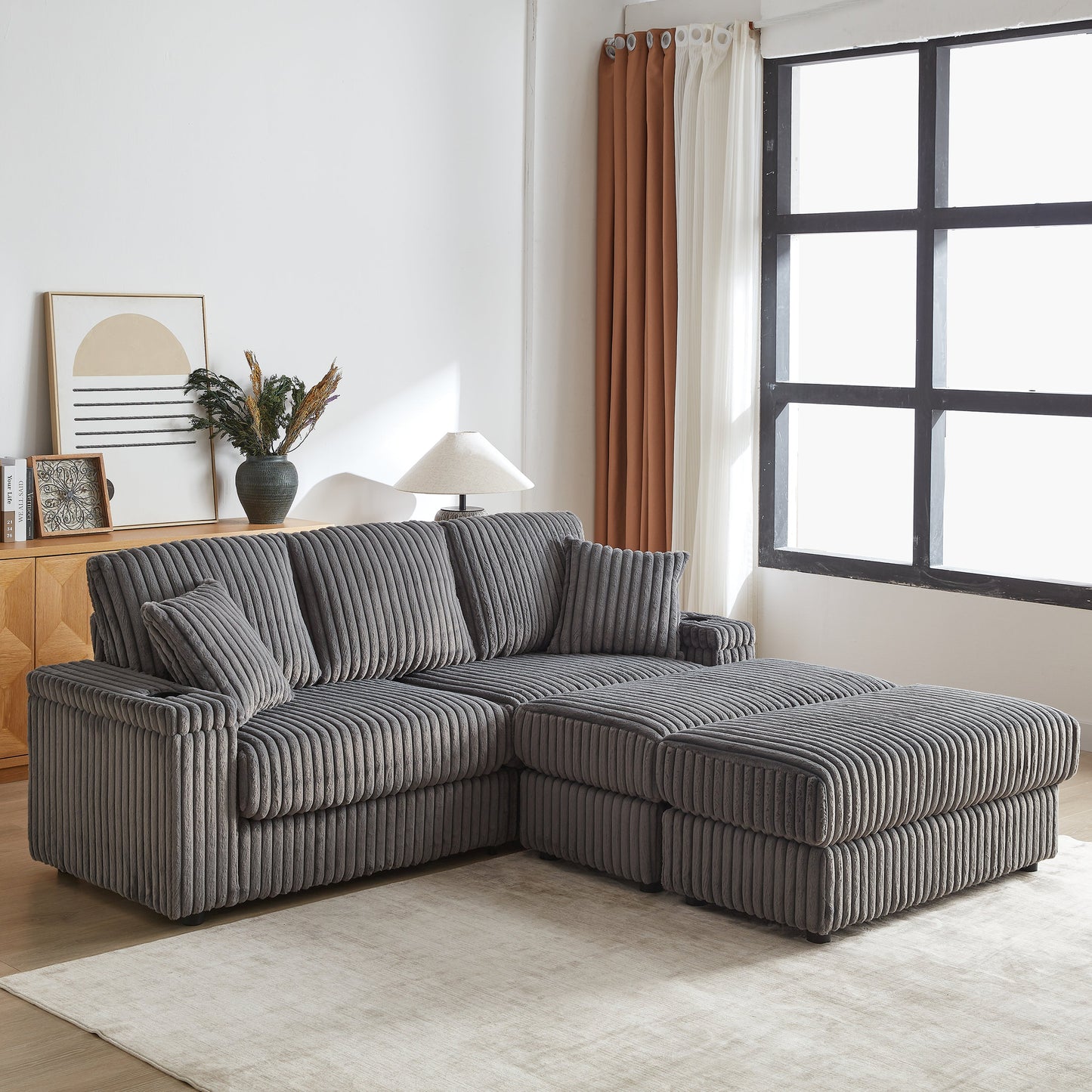 84Inch Corduroy 3-Seater Sofa With 3 Back Pillows ,2 Toss Pillows , a Ottoman ,2storage Spaces and Cup-Holding Grooves