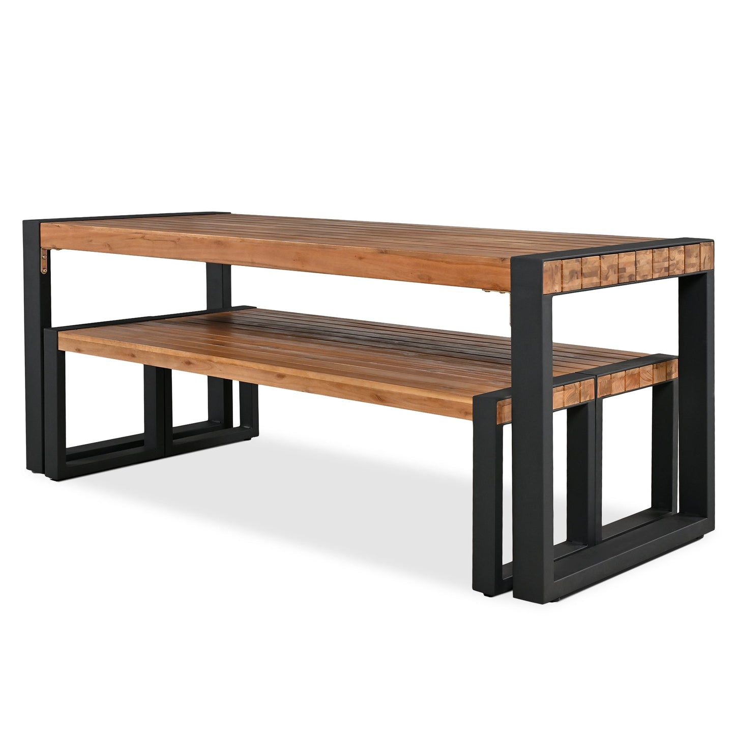 3-Pieces Outdoor Dining Table With 2 Benches, Patio Dining Set With Unique Top Texture, Acacia Wood Top & Steel Frame