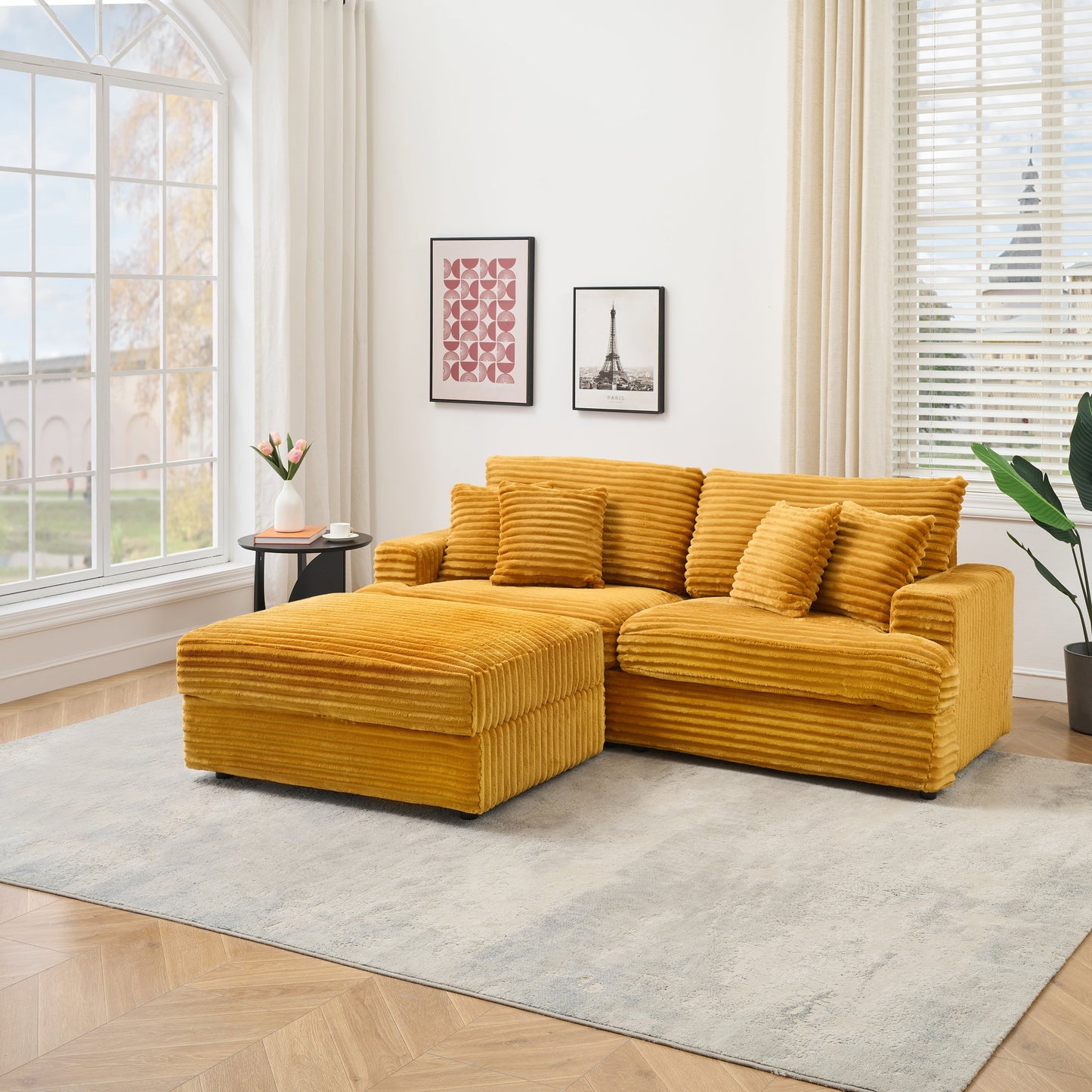 82 Inches Orange Corduroy Sofa, Storage Feet +4 Throw Pillows, Create a Living Room, Office Fashion New Darling