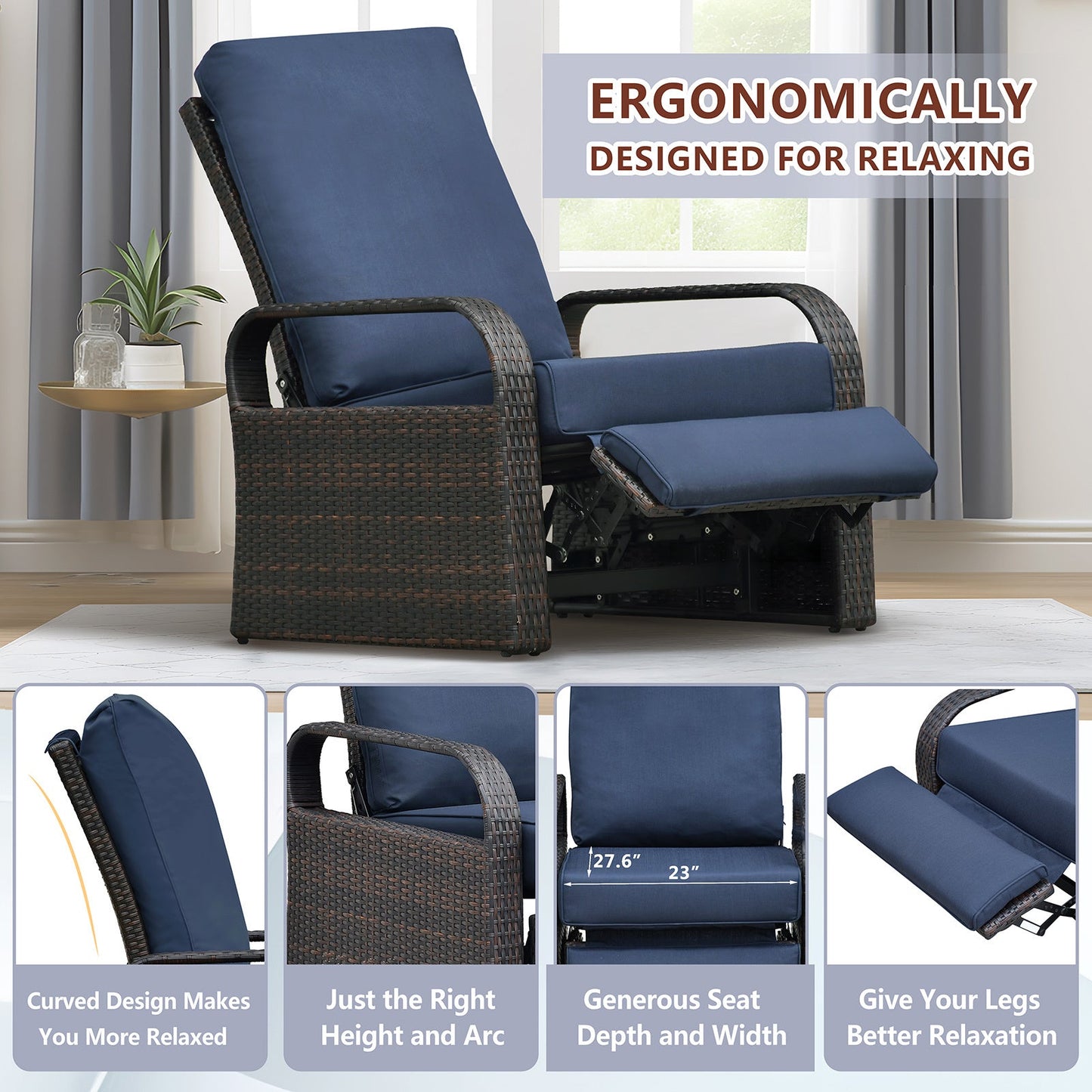 Outdoor Recliner Chair; Automatic Adjustable Wicker Lounge Recliner Chair With 5.12'' Thicken Cushion