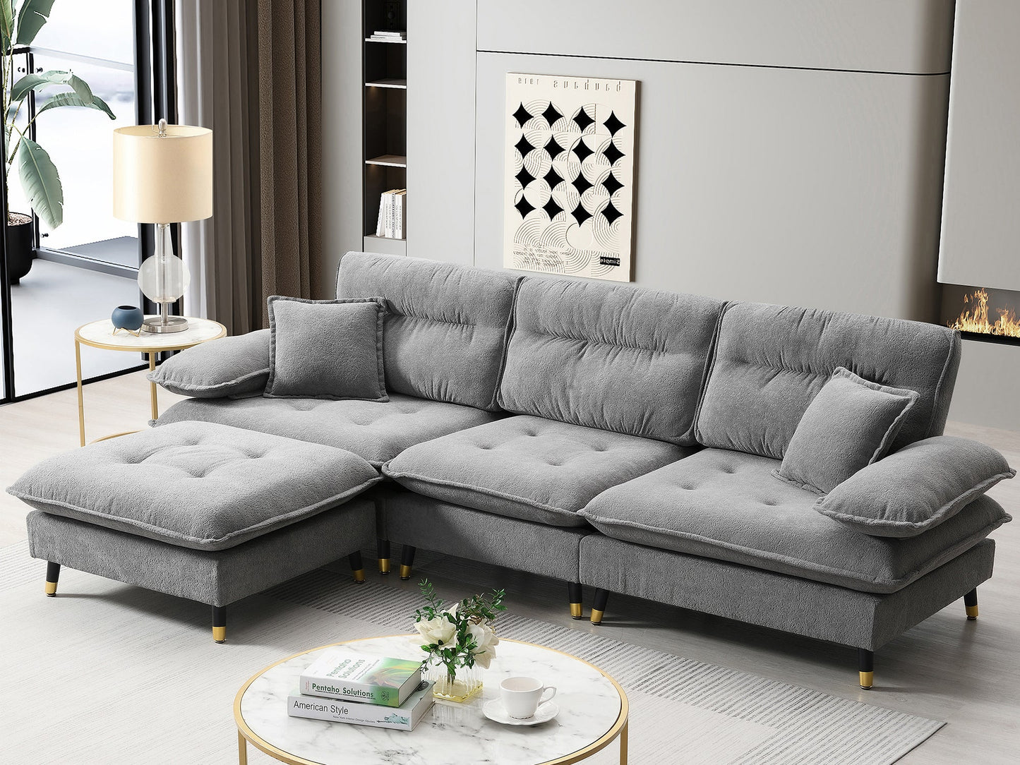 106*66.5" L Shaped Convertible Sectional Sofa,4 Seat Tufted Couch Set With Two-Tone Adjust Legs,Cloud Chenille Fabric