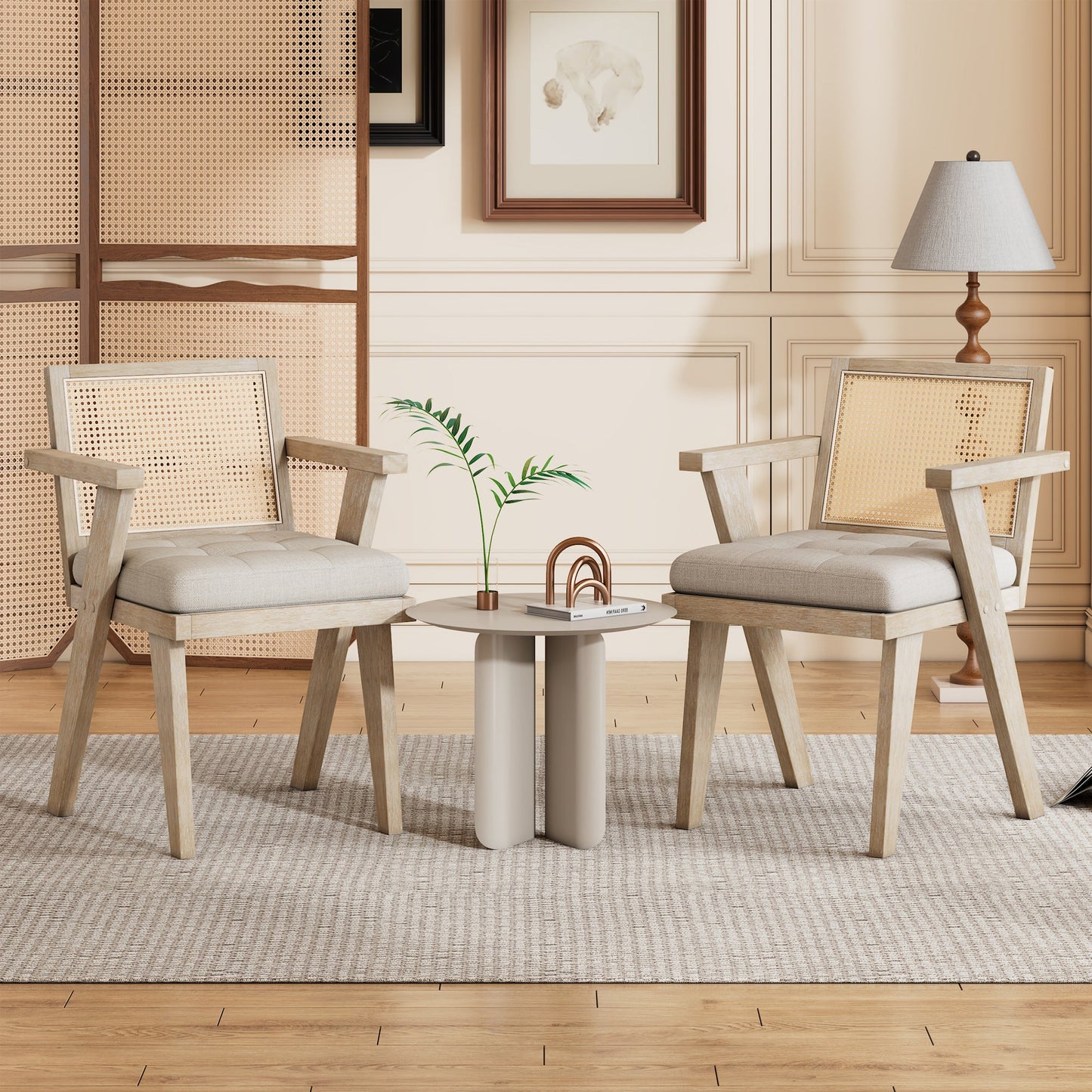 Mid-Century Accent Chair With Handcrafted Rattan Backrest and Padded Seat for Leisure, Bedroom, Kitchen, Living Room