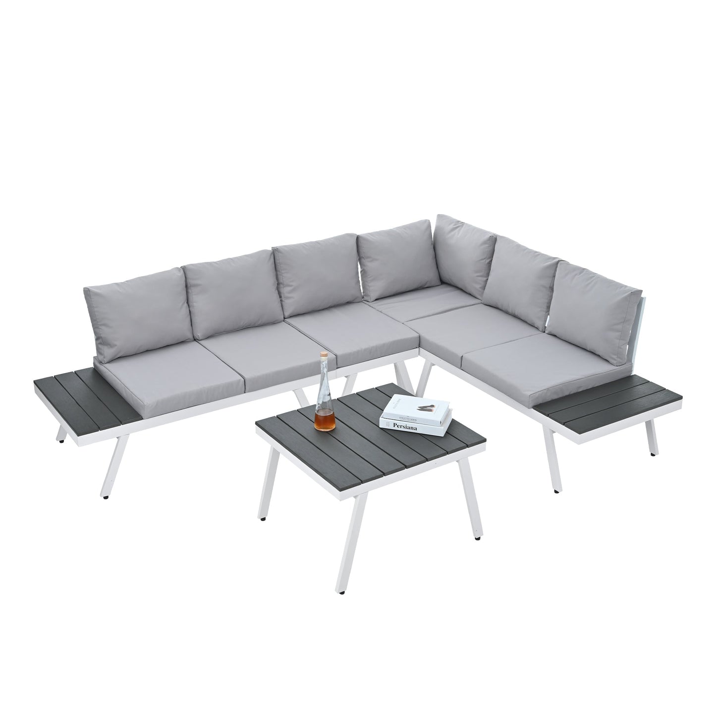 Industrial 5-Piece Aluminum Outdoor Patio Furniture Set, Modern Garden Sectional Sofa Set With End Tables, Coffee Table