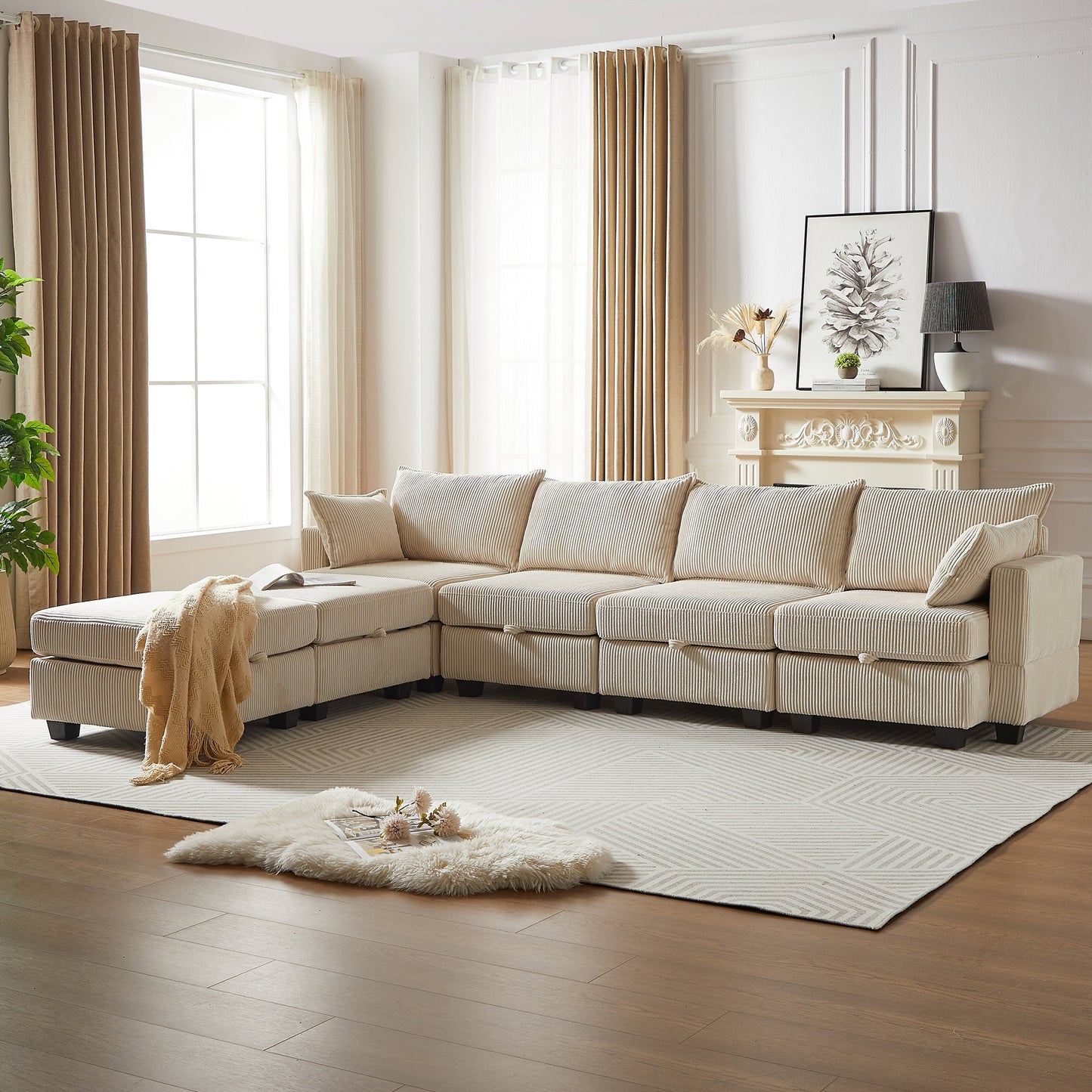 113.5'' Modular Sectiona Corduroy Sofa, Sectional Couches for Living Room U Shaped Sectional Couch With Storage Ottoman