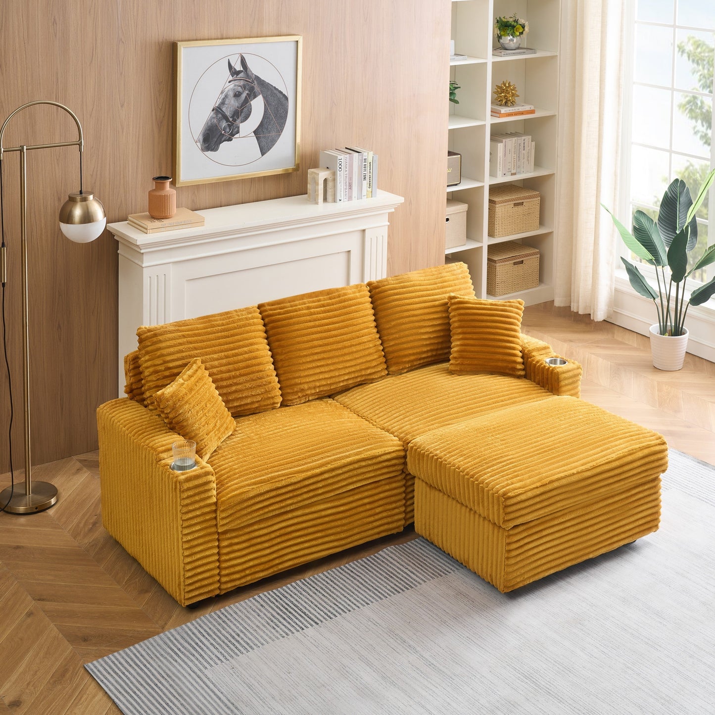 An 80-Inch Foldable and Hidden Chaise Longue Orange Corduroy Sofa With Cup Holders on the Armrests, a Footrest and Storage