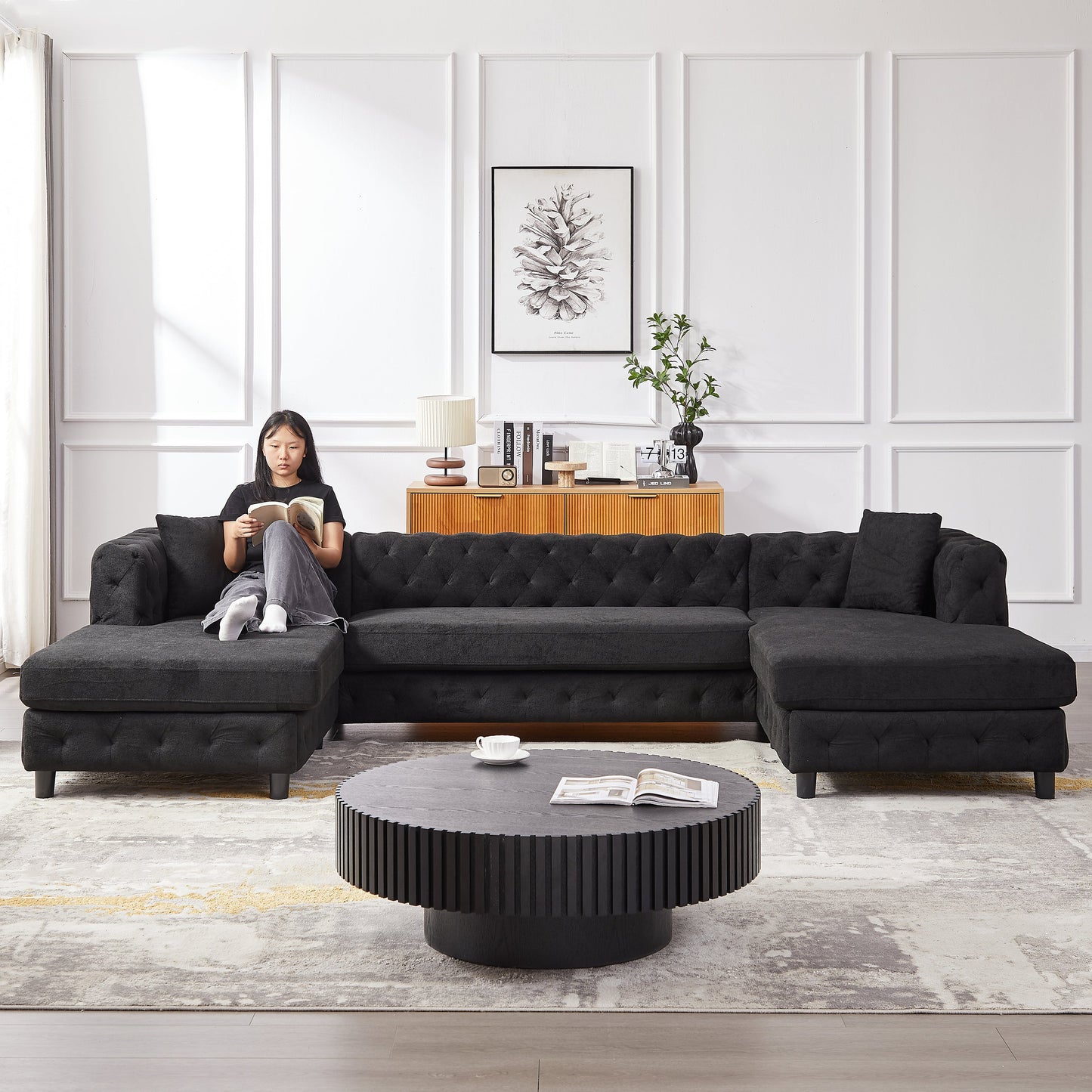 126-Inch Modern Style Chenille Three Piece Sofa, Pull Point Design U-Shaped Sofa Two Chaise Longue Seats, Two Pillows