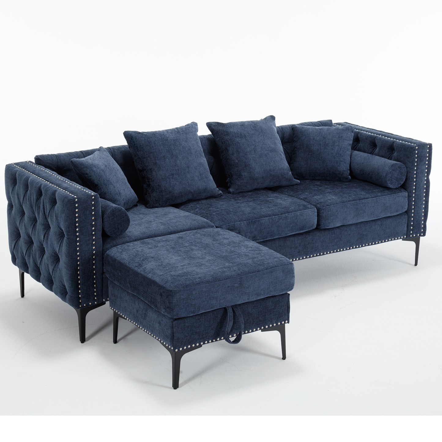 L Shaped Sectional Sofa , Convertible Storage Ottoman,Chenille ,Square Arm, Modern Tufted Couch ,3 Seater