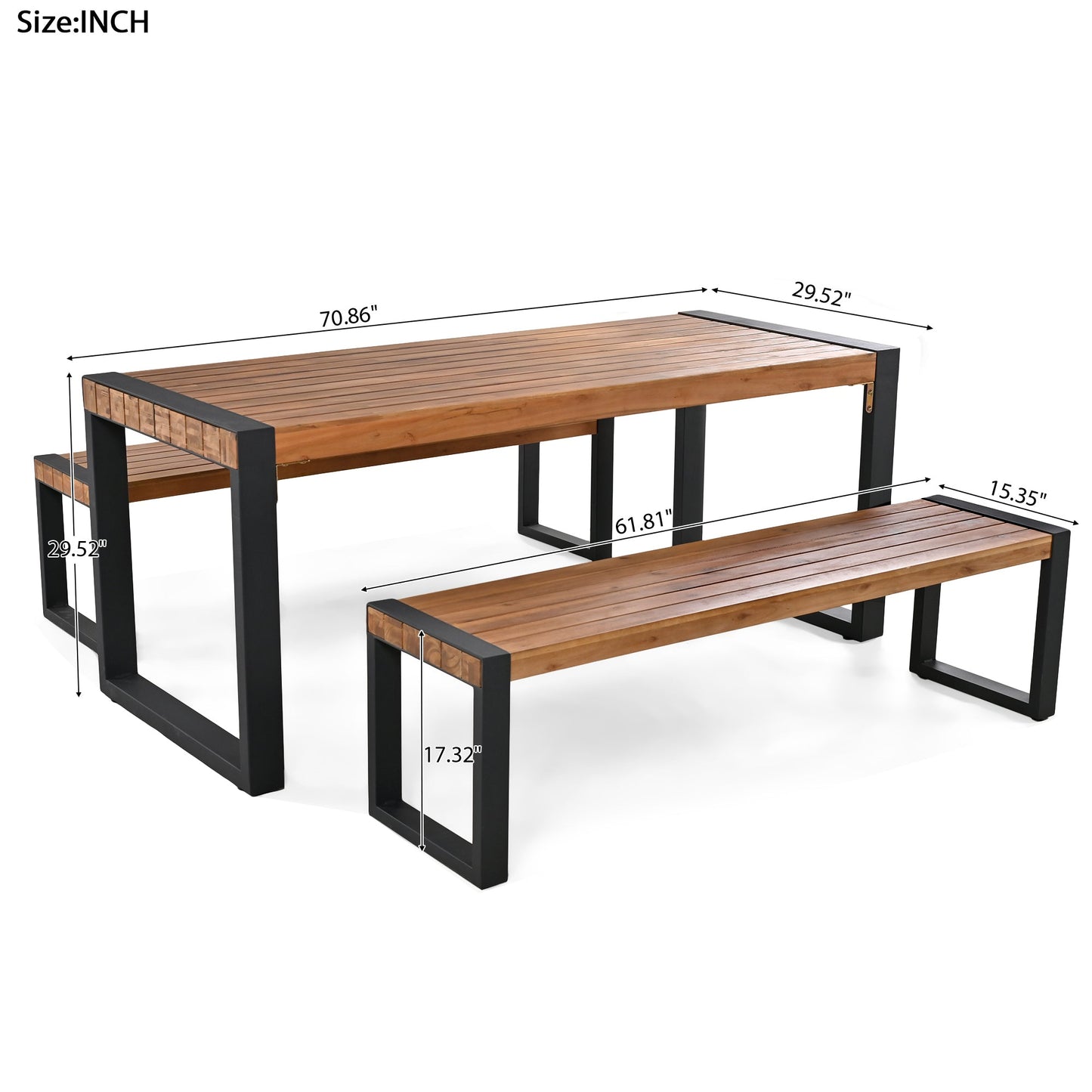 3-Pieces Outdoor Dining Table With 2 Benches, Patio Dining Set With Unique Top Texture, Acacia Wood Top & Steel Frame