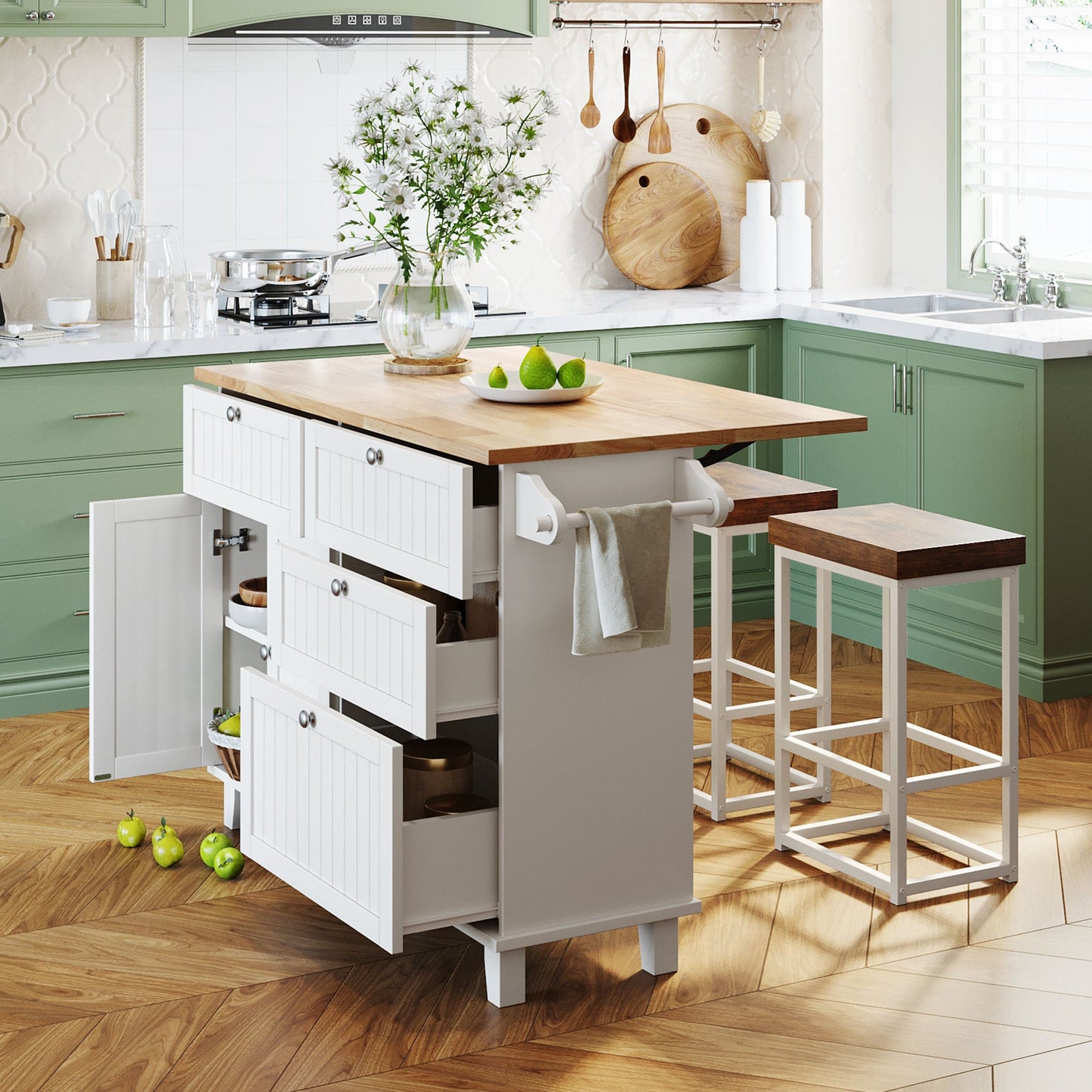 Farmhouse Kitchen Island Set With Drop Leaf and 2 Seatings,Dining Table Set With Storage Cabinet, Drawers and Towel Rack