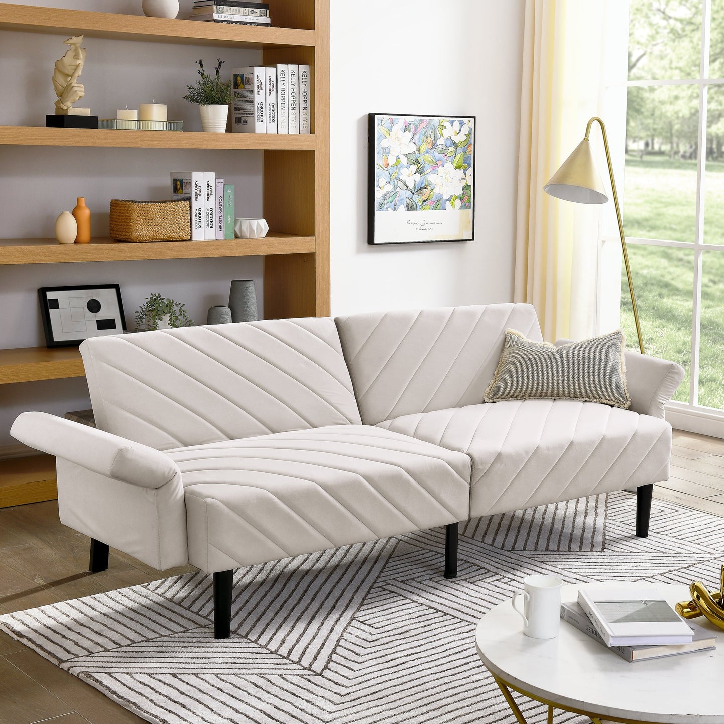 Velvet Futon Couch Convertible Folding Sofa Bed Tufted Couch With Adjustable Armrests for Apartment