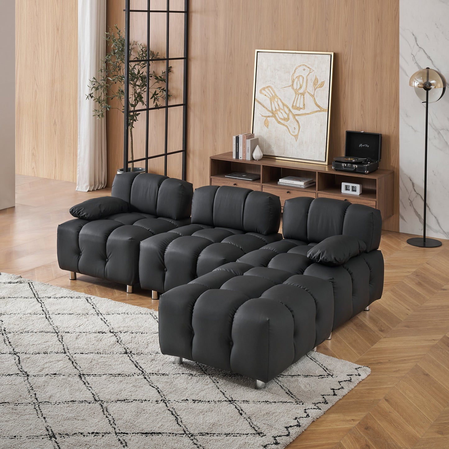 A 90.60-Inch Technology Cloth Black Sofa, Waterproof, Stain and Cat Scratch Resistant, Can Comfortably Sit