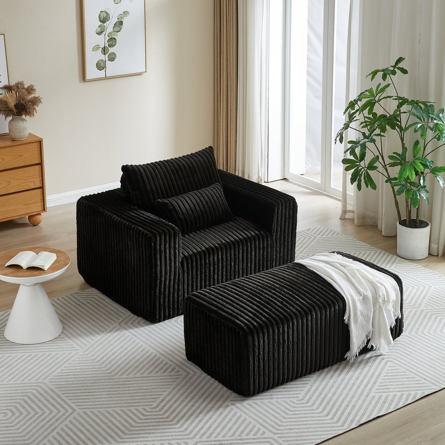 62.5-Inch Corduroy Sponge Sofa Lounge Chair With Removable Footrest,No Assembly Required,Fluffy Modern Sleeper Chair