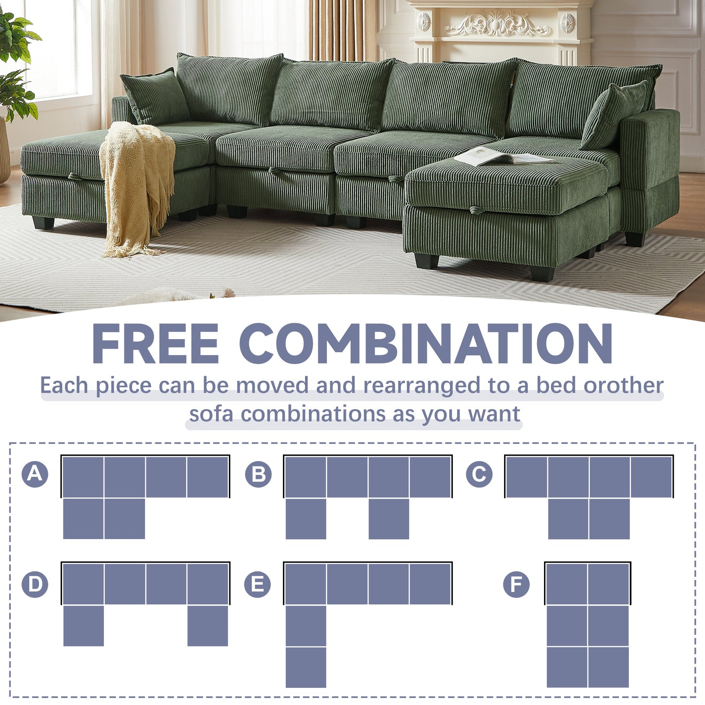 113.5'' Modular Sectiona Corduroy Sofa, Sectional Couches for Living Room U Shaped Sectional Couch With Storage Ottoman