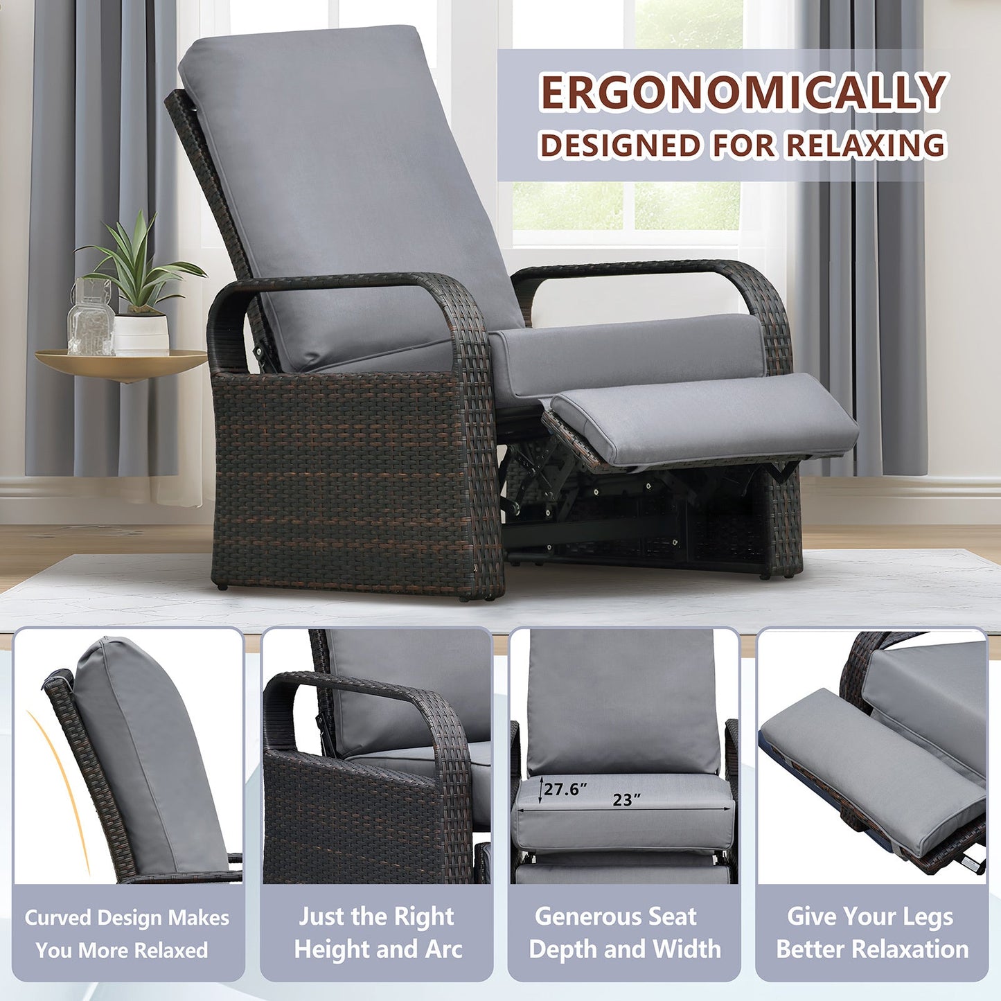 Outdoor Recliner Chair; Automatic Adjustable Wicker Lounge Recliner Chair With 5.12'' Thicken Cushion