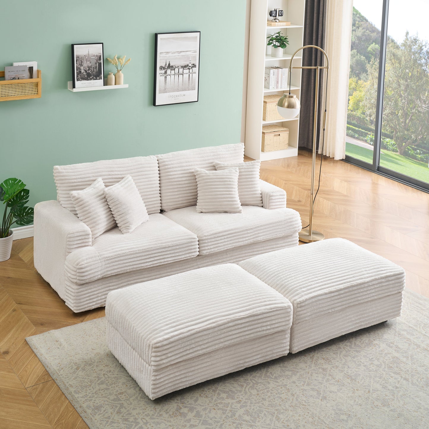 82 Inches Beige Corduroy Sofa, Two Storage Feet +4 Throw Pillows, Create a Living Room, Office Fashion New Darling