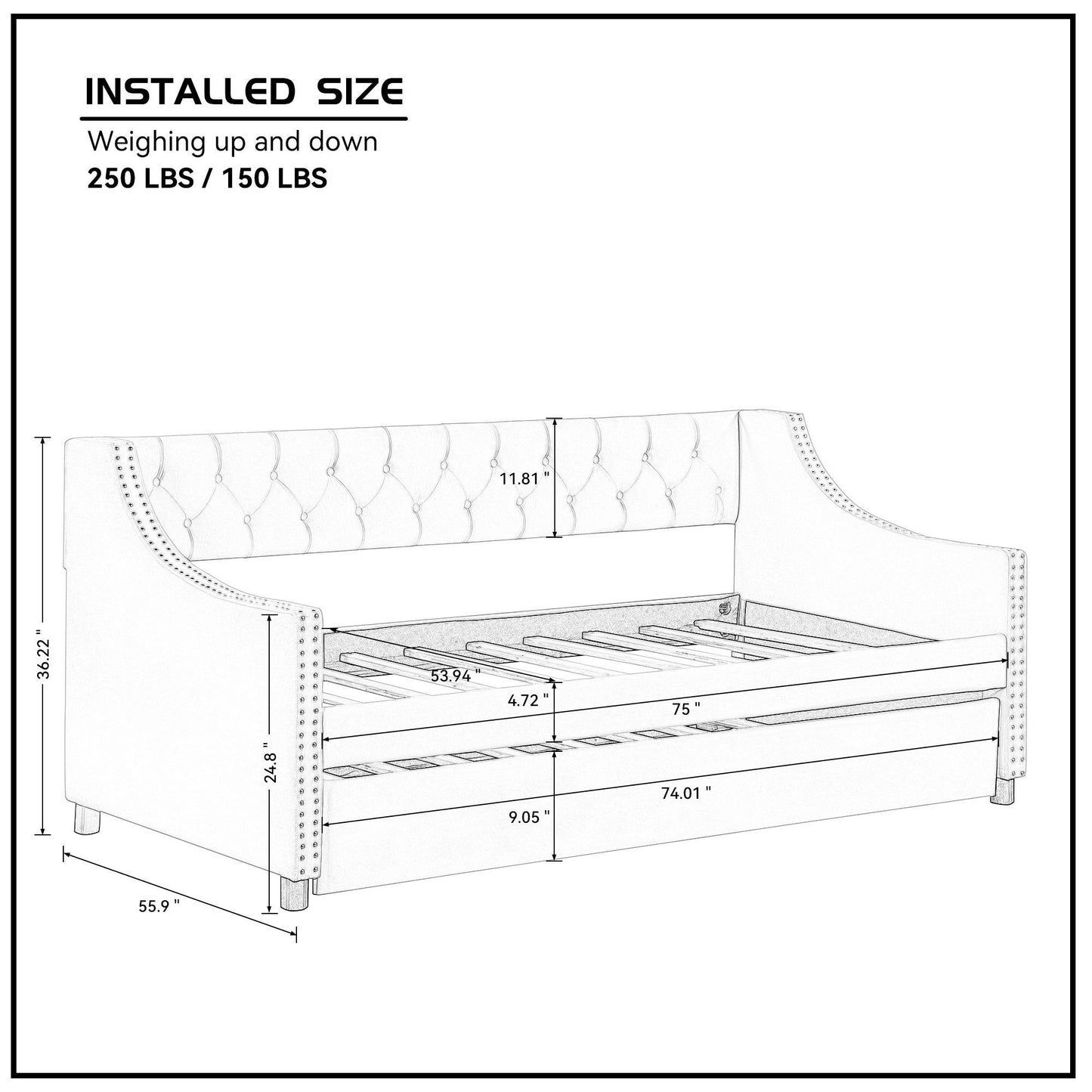 Daybed With Trundle Upholstered Tufted Sofa Bed, With Button and Copper Nail on Arms,full Size Grey